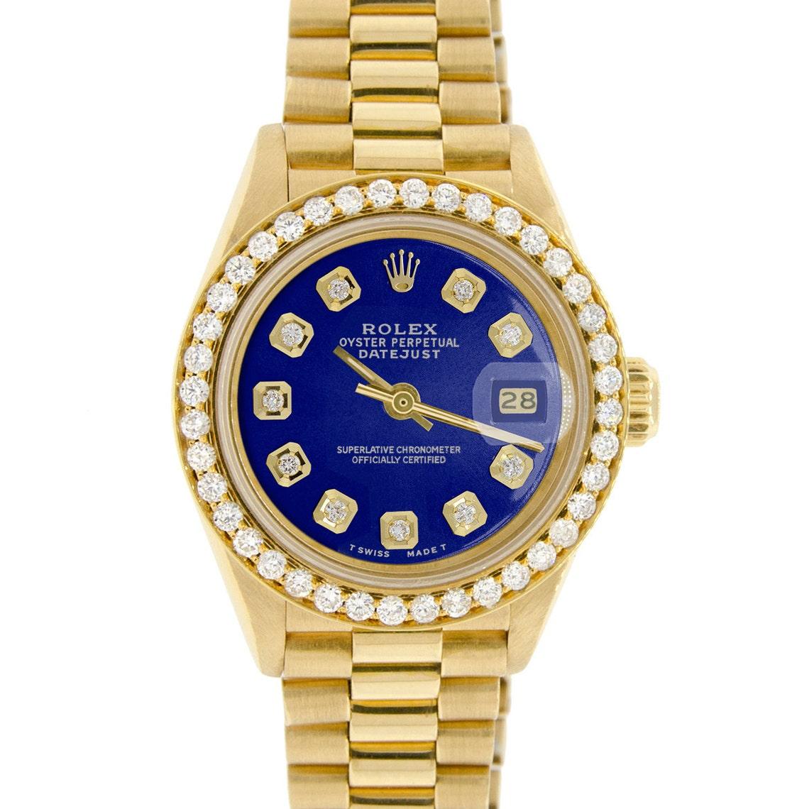 Round Cut Rolex Custom President Ladies Gold Watch Dial & Diamonds 18 Karat Gold For Sale