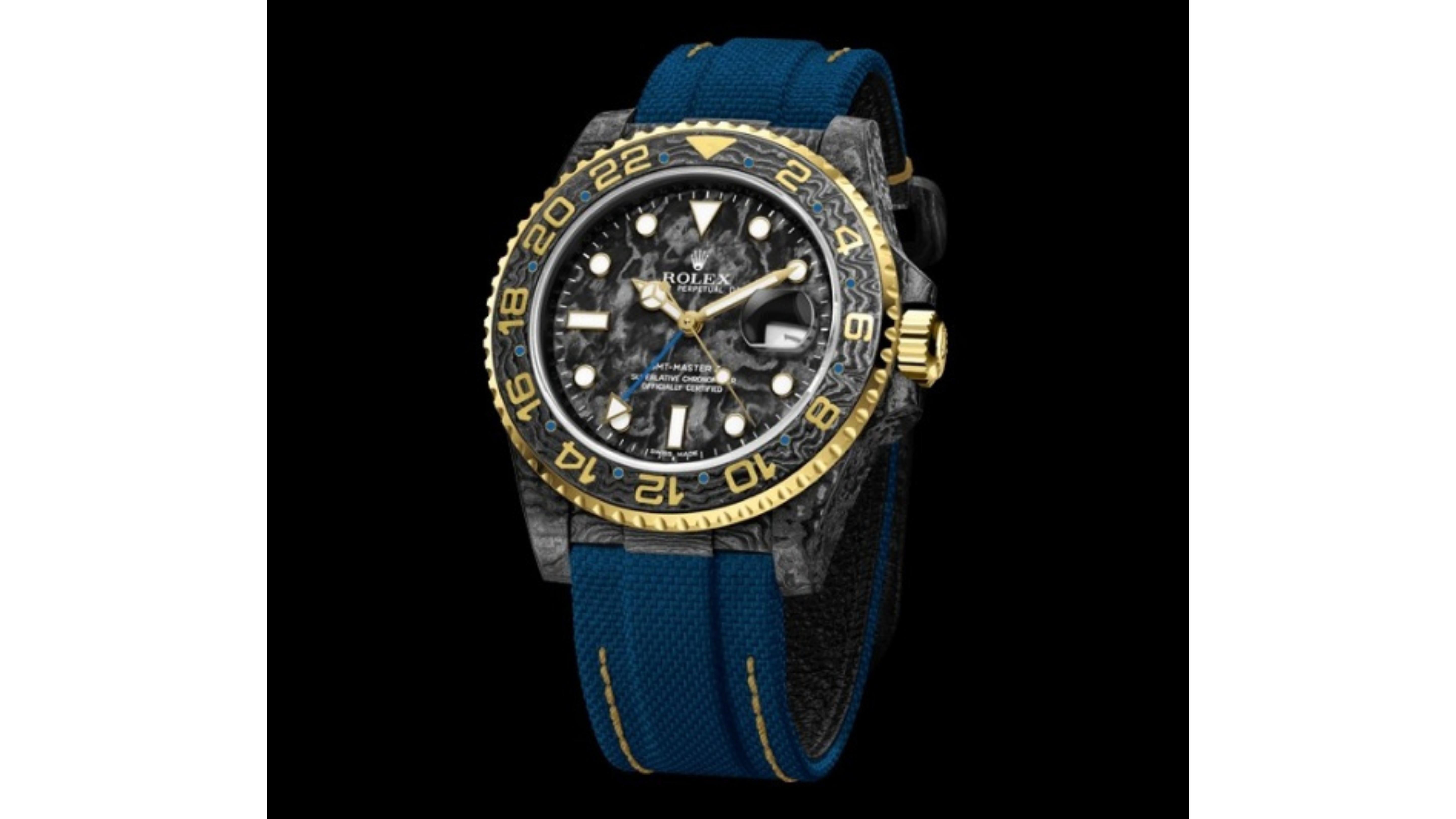 Rolex Custom Watch  which is in Carbon Fiber 

This is from the Carbon Fiber  GMT range and its the Golden Snail  as its like camouflage design and we have another one in a green military   style too .  These are very unique and stand out like no
