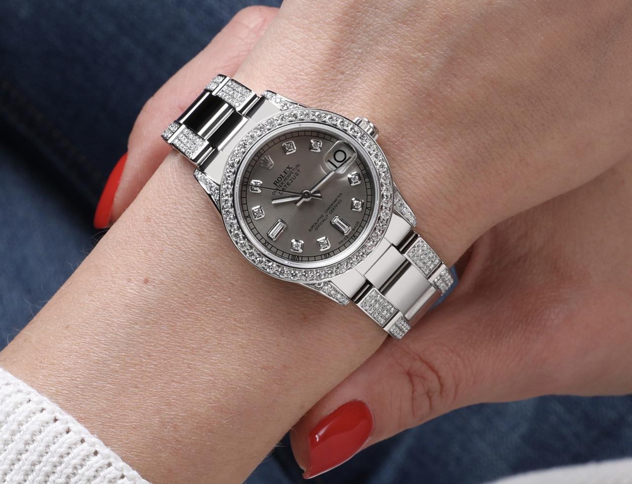Women's Rolex Dark Grey 31mm Datejust S/S Oyster Perpetual Diamond Side + Bezel & Lugs 68274
