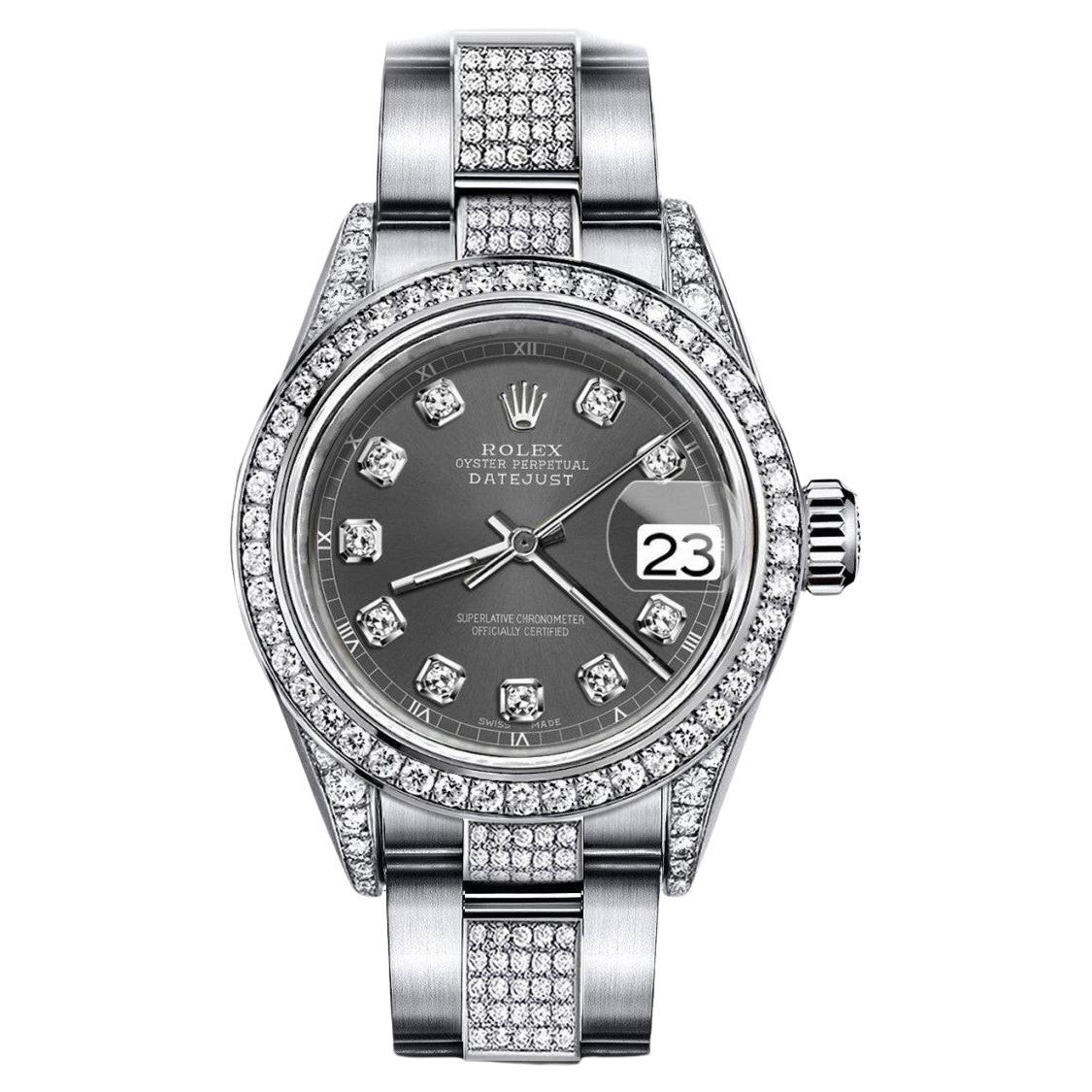 Rolex Dark Grey Datejust Steel Diamond Bezel Lugs & Center Bracelet For Sale