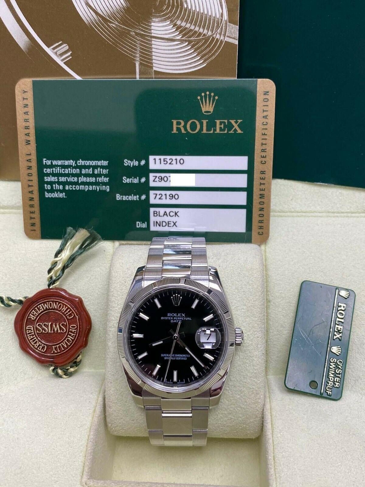 Style Number: 115210

 

Serial: Z907***


Year: 2011

 

Model: Date

 

Case Material: Stainless Steel

 

Band: Stainless Steel

 

Bezel:  Stainless Steel

 

Dial: Black

 

Face: Sapphire Crystal 

 

Case Size: 34mm

 

Includes: 

-Rolex Box