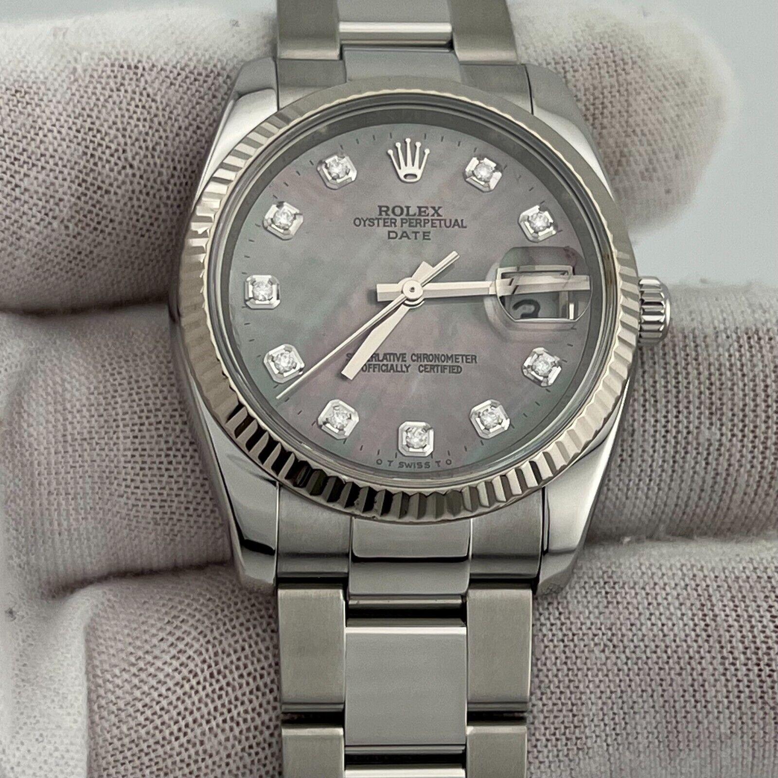 Style Number: 115234

Serial: M583***

Year: 2011

Model: Rolex Date

Case Material: Stainless Steel

Band: Stainless Steel

Dial: Custom Tahitian Mother of Pearl Diamond Dial

Bezel: 18K White Gold Fluted Bezel

Face: Sapphire Crystal

Case Size: