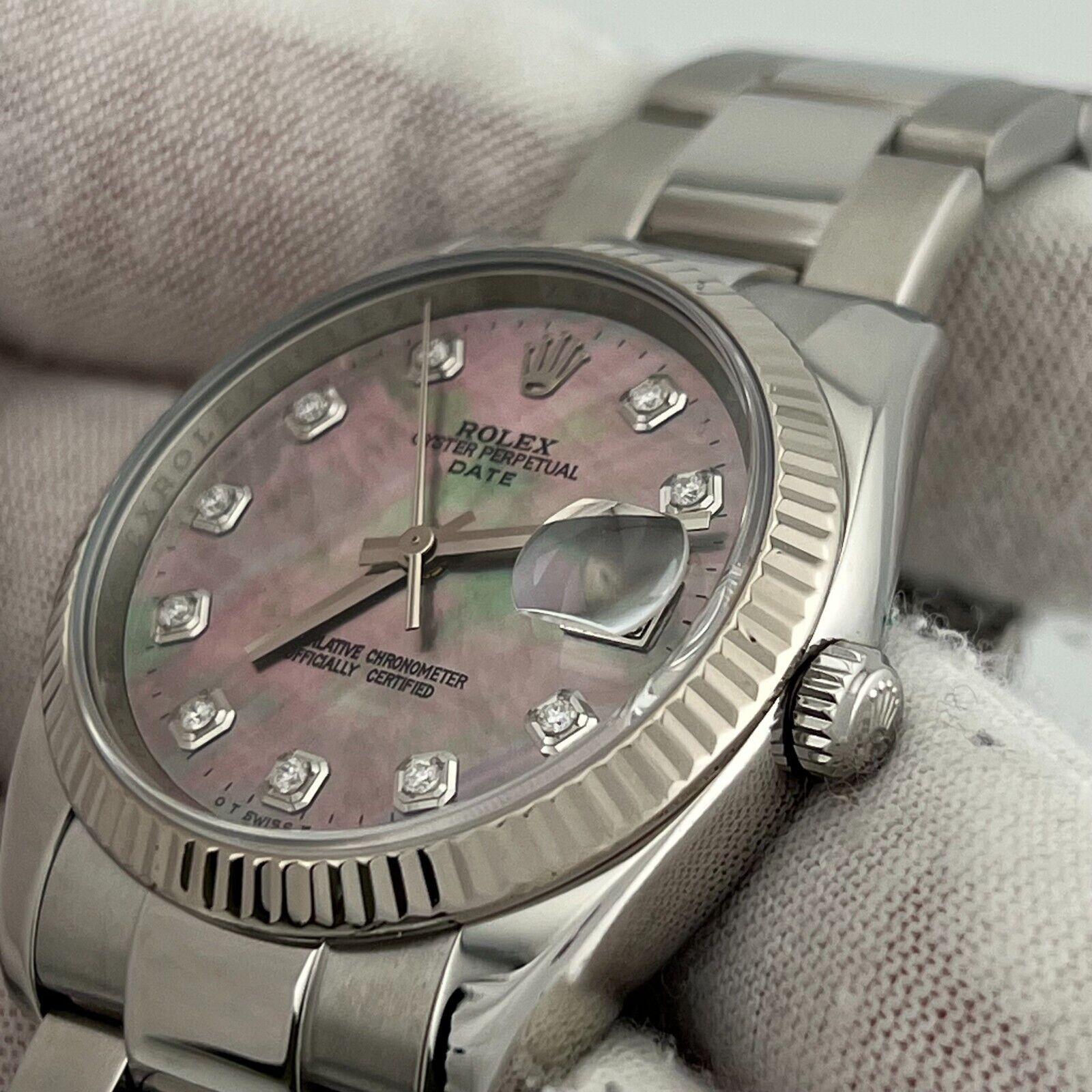 Rolex Date 115234 Tahitian MOP Diamond Dial 18K Gold Bezel Stainless Box Papers In Excellent Condition In San Diego, CA