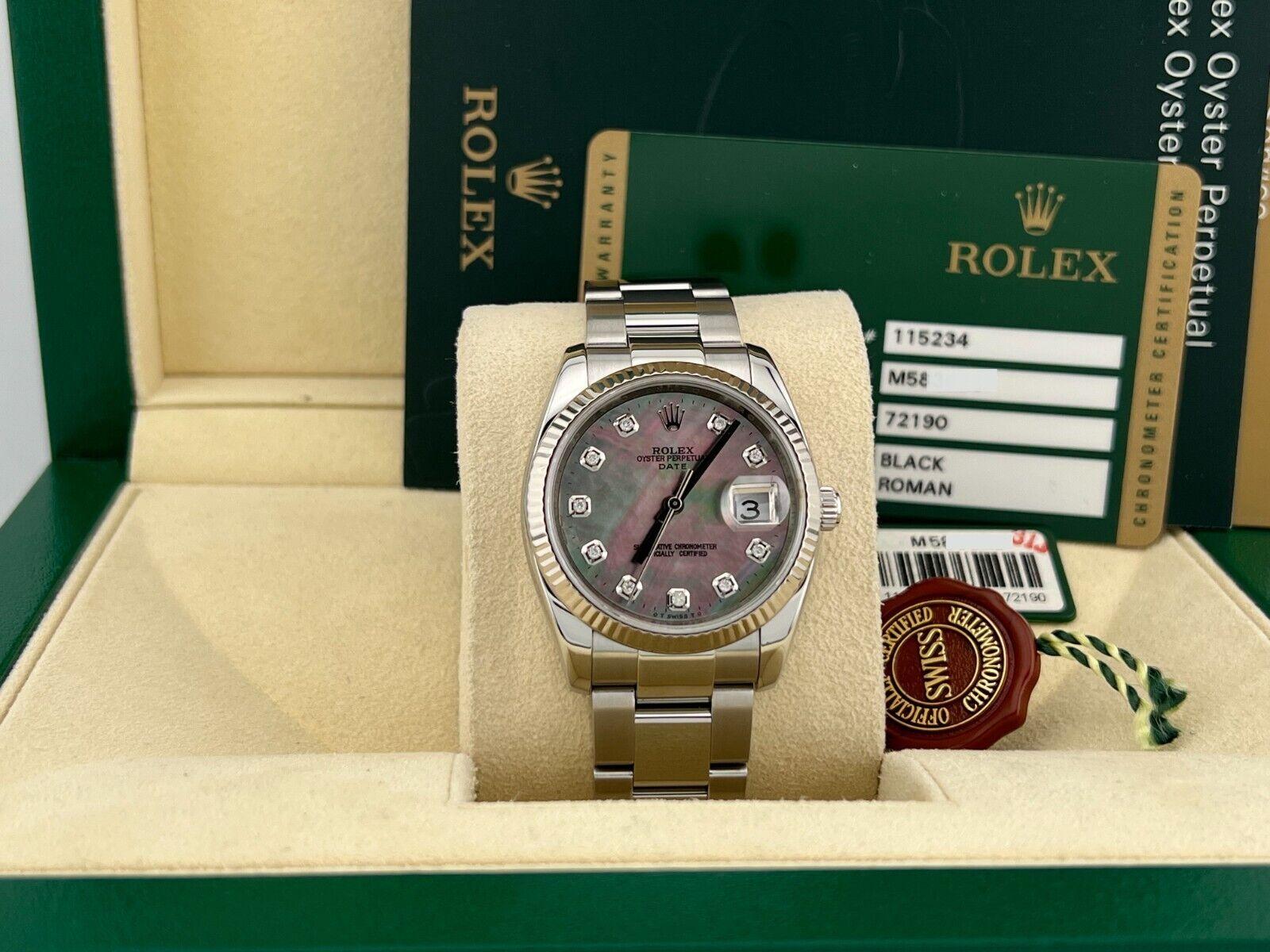 Rolex Date 115234 Tahitian MOP Diamond Dial 18K Gold Bezel Stainless Box Papers 3