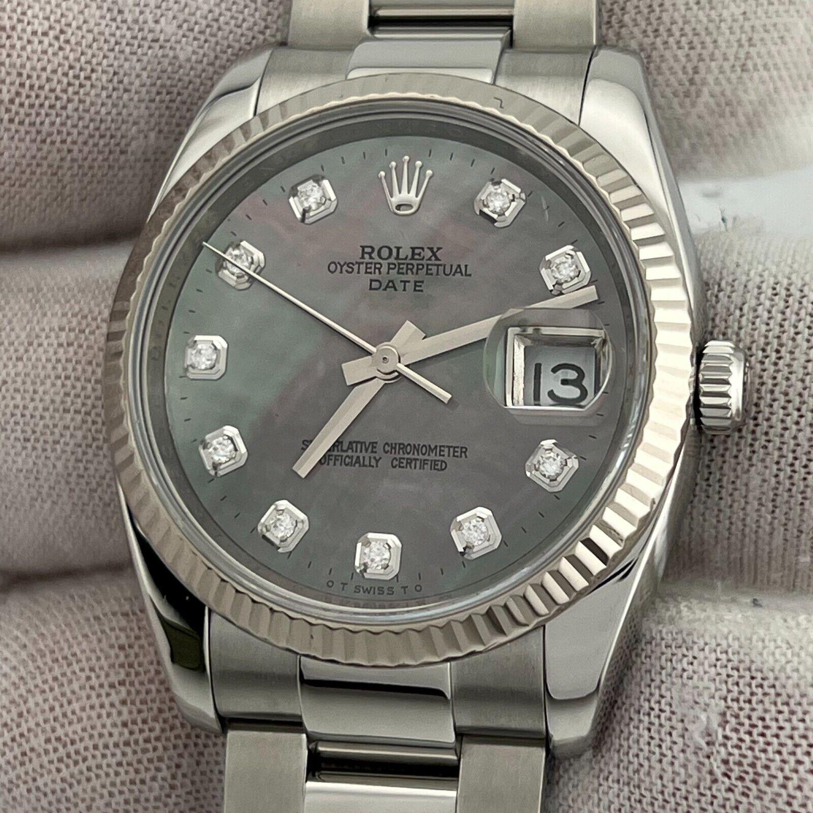 Rolex Date 115234 Tahitian MOP Diamond Dial 18K Gold Bezel Stainless Box Papers 4