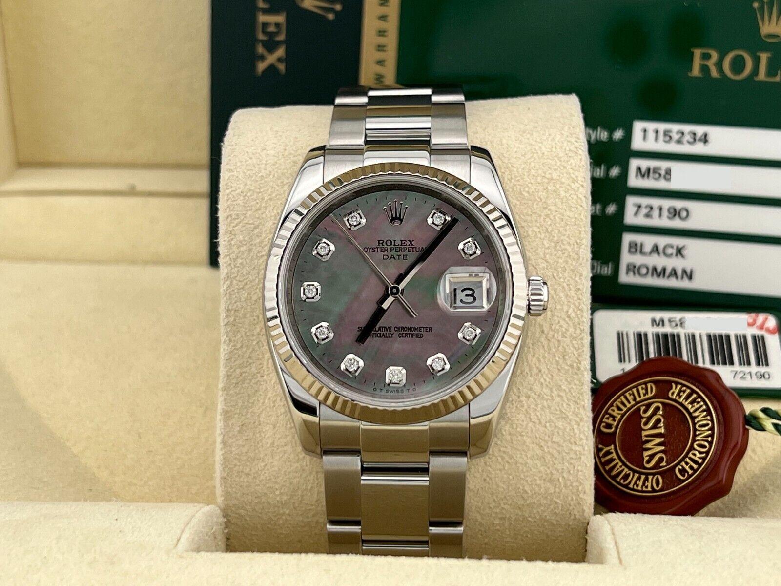 Rolex Date 115234 Tahitian MOP Diamond Dial 18K Gold Bezel Stainless Box Papers 5
