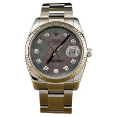 Rolex Date 115234 Tahitian MOP Diamant Zifferblatt 18K Gold Lünette Edelstahl Box Papiere