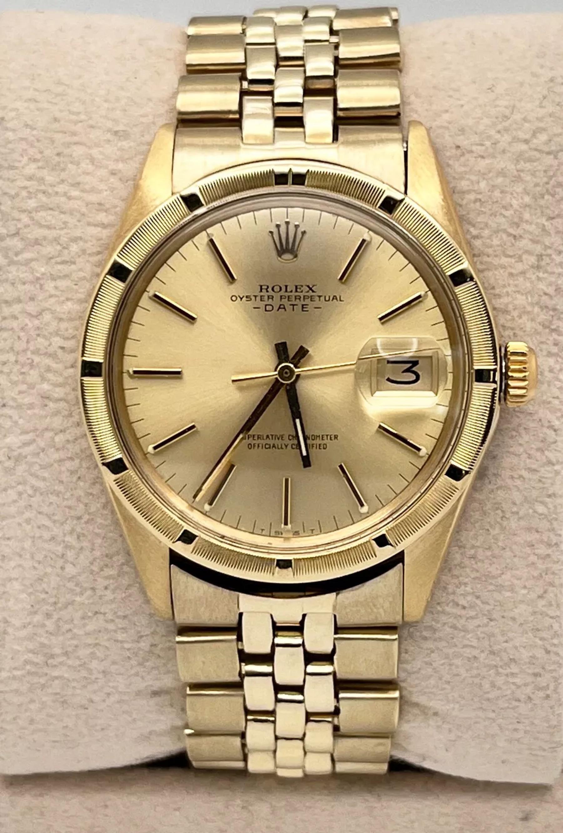 Style Number: 1503

Serial: 2957***

Year: 1972

Model: Rolex Date

Case Material: 14K Yellow Gold 

Band: 14K Yellow Gold 

Bezel: 14K Yellow Gold 

Dial: Champagne 

Face: Acrylic 

Case Size: 34mm

Includes: 

-Elegant Watch Box

-Certified