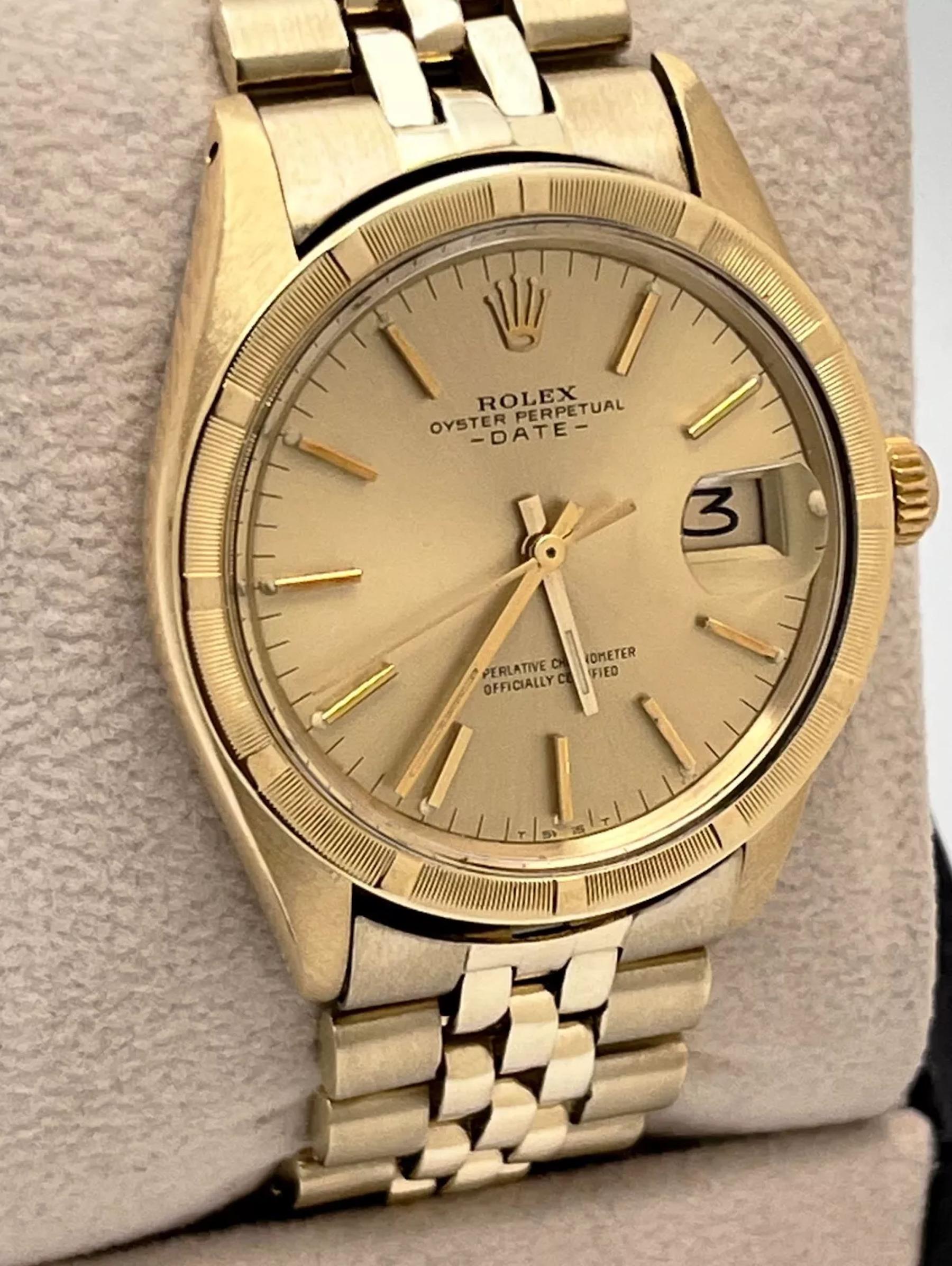 Rolex Date 14K Yellow Gold 1503 34mm Champagne Dial Jubilee Band In Excellent Condition In San Diego, CA