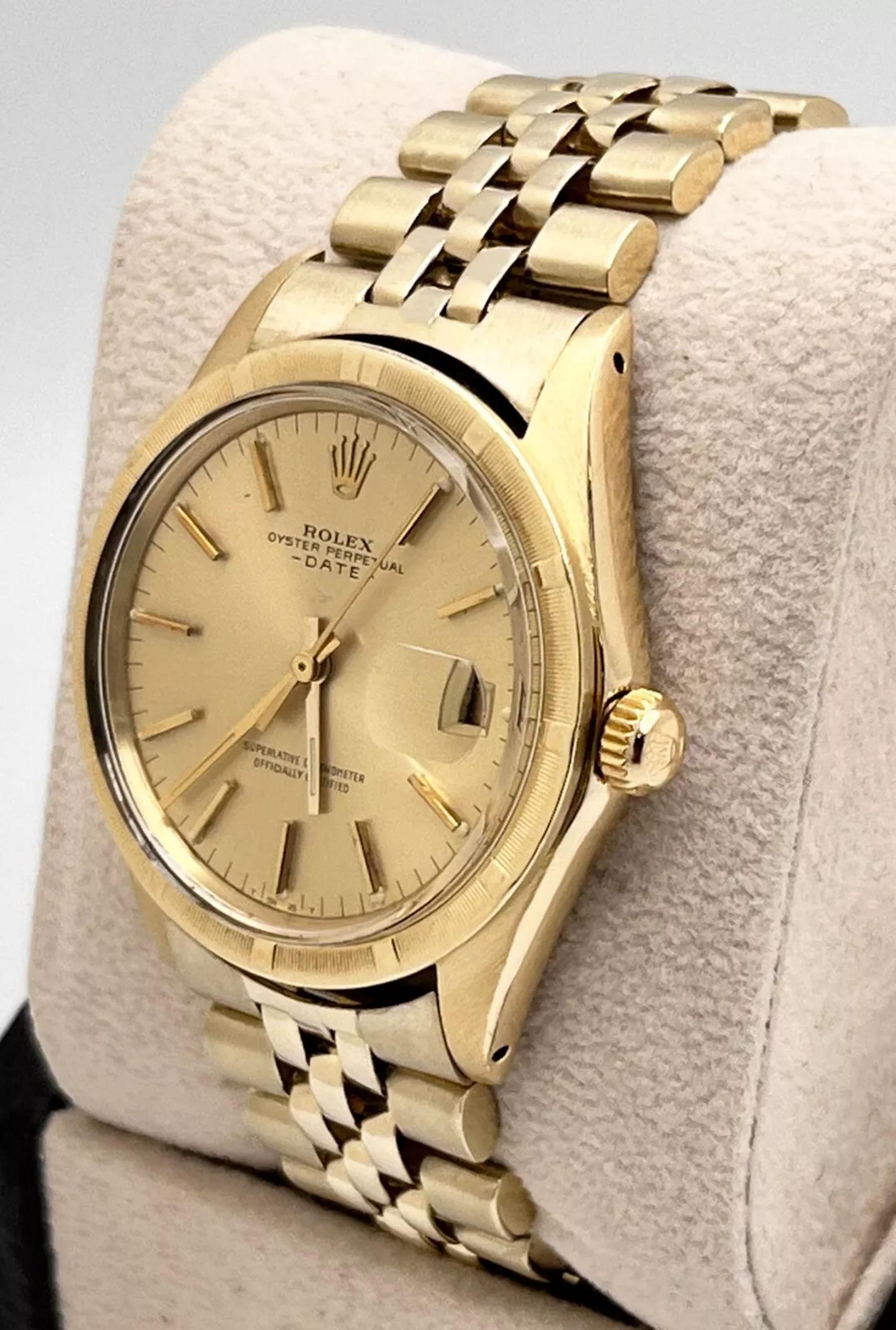 Men's Rolex Date 14K Yellow Gold 1503 34mm Champagne Dial Jubilee Band