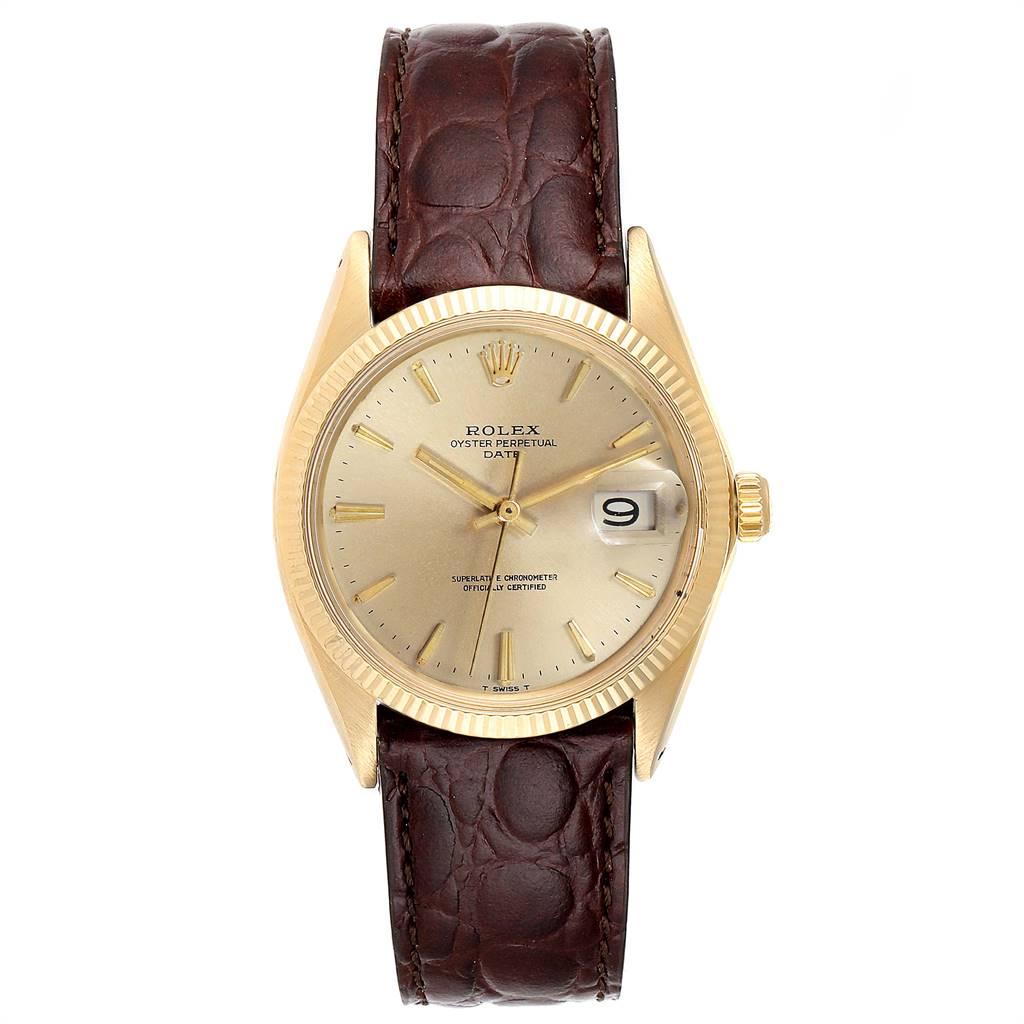 Rolex Date 14K Yellow Gold Automatic Vintage Mens Watch 1503. Officially certified chronometer automatic self-winding movement. 14k yellow gold case 34.0 mm in diameter. Rolex logo on a crown. 14k yellow gold fluted bezel. Acrylic crystal with