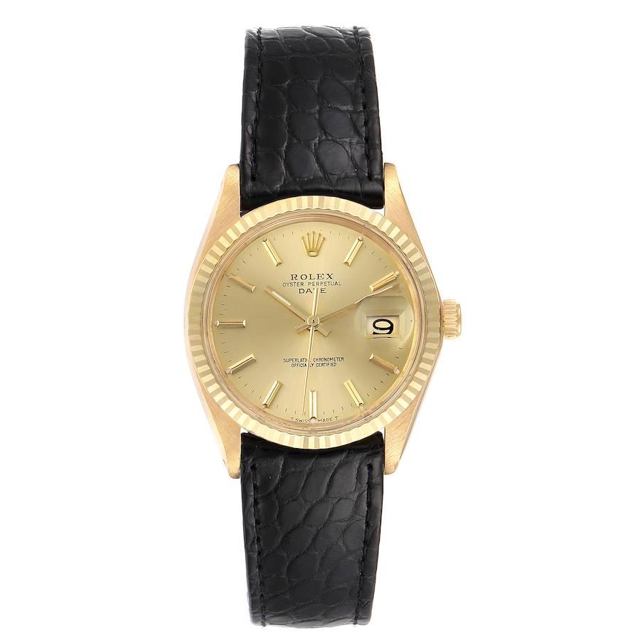 Rolex Date 14K Yellow Gold Automatic Vintage Mens Watch 1503. Officially certified chronometer automatic self-winding movement. 14k yellow gold case 34.0 mm in diameter. Rolex logo on a crown. 14k yellow gold fluted bezel. Acrylic crystal with