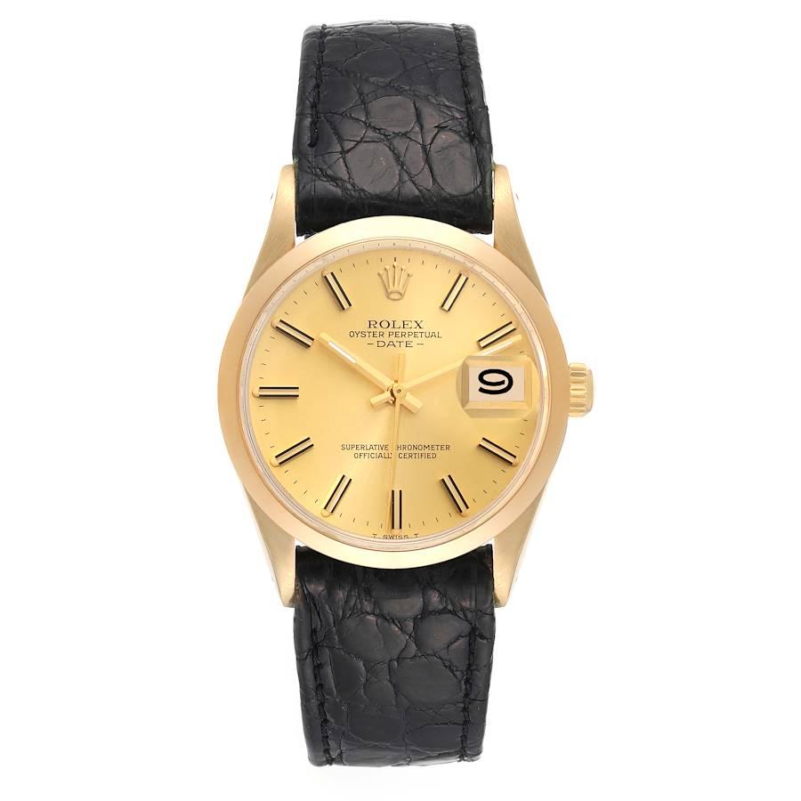 Rolex Date 14k Yellow Gold Champagne Dial Vintage Mens Watch 15007. Officially certified chronometer self-winding movement. 14k yellow gold case 34.0 mm in diameter. Rolex logo on the crown. 14k yellow gold smooth bezel. Acrylic crystal with cyclops