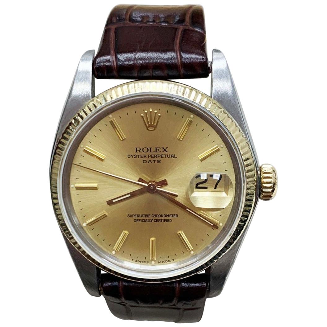 Rolex Date 1500 14 Karat Yellow Gold and Stainless Steel with Leather Band