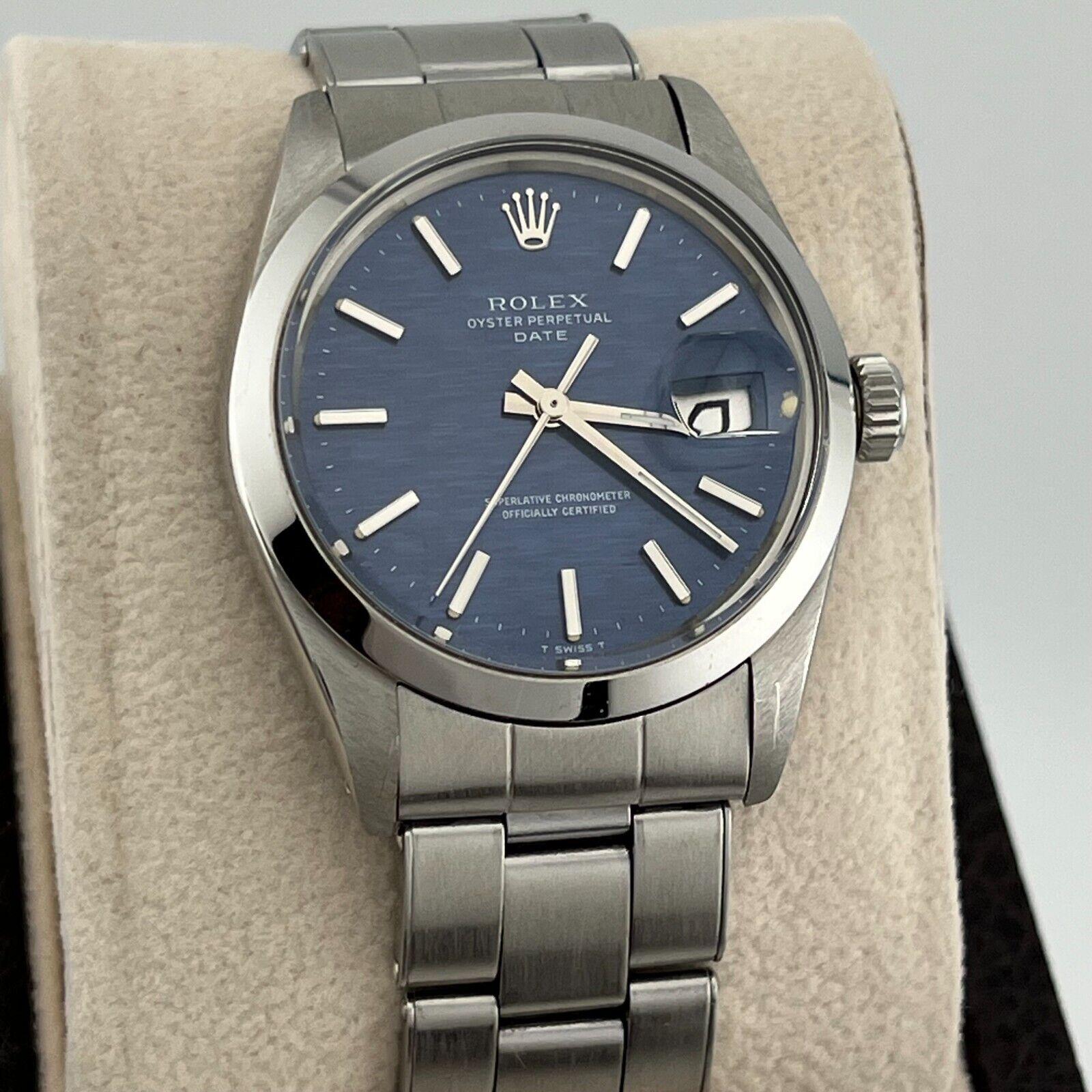 Style Number: 1500



Serial: 2705***



Year: 1971

 

Model: Rolex Date

 

Case Material: Stainless Steel 

 

Band: Stainless Steel 

 

Bezel: Stainless Steel 

 

Dial: Blue Mosaic Dial 

 

Face: Acrylic 

 

Case Size: 34mm 

 

Includes: