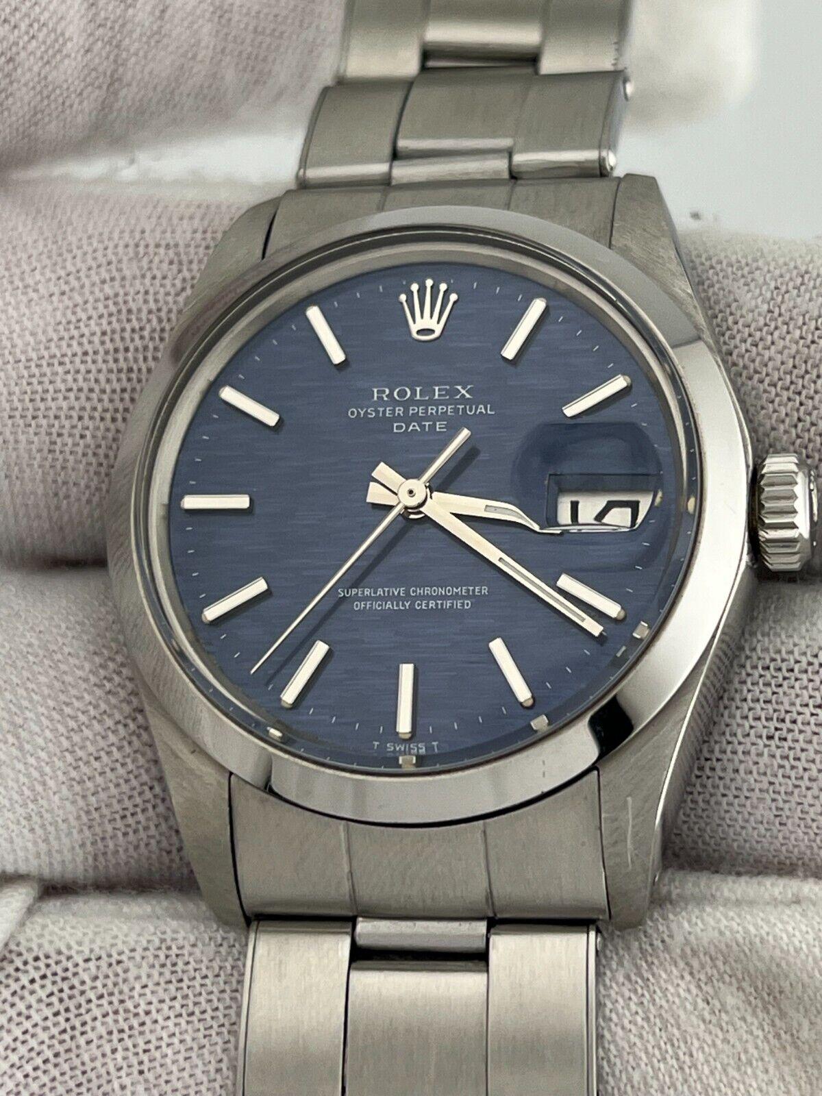 Men's Rolex Date 1500 34mm Blue Mosaic Dial Stainless Steel
