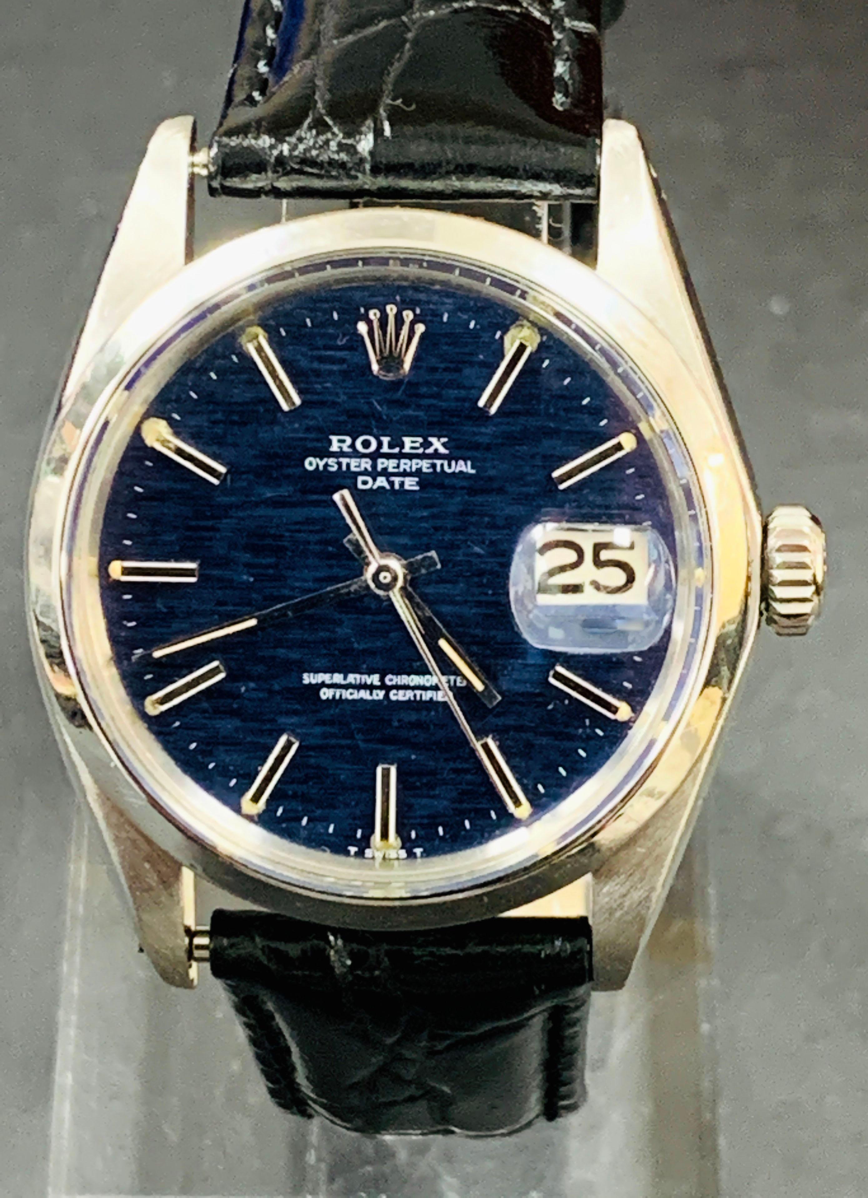 Women's or Men's Rolex Date 1500 Blue Mosaic Dial Stainless Custom Black Leather Band