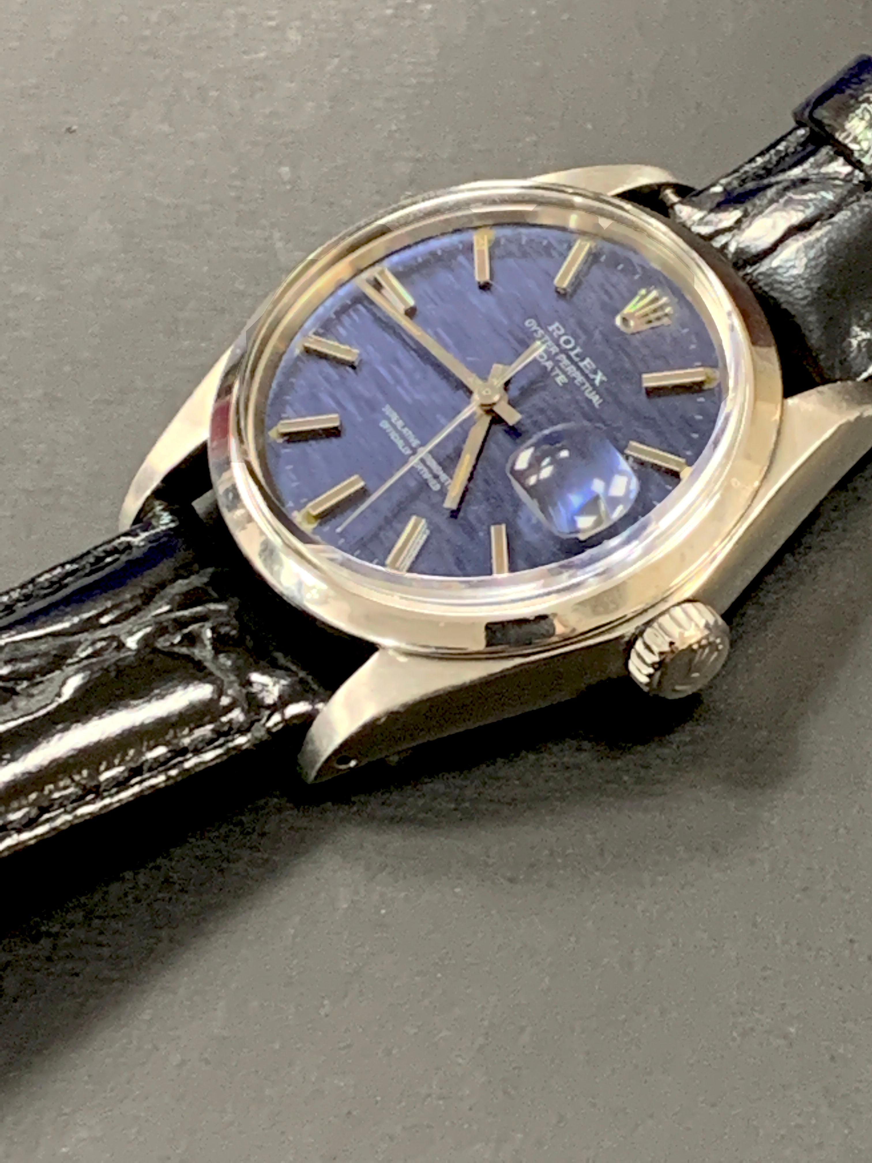 Rolex Date 1500 Blue Mosaic Dial Stainless Custom Black Leather Band 1