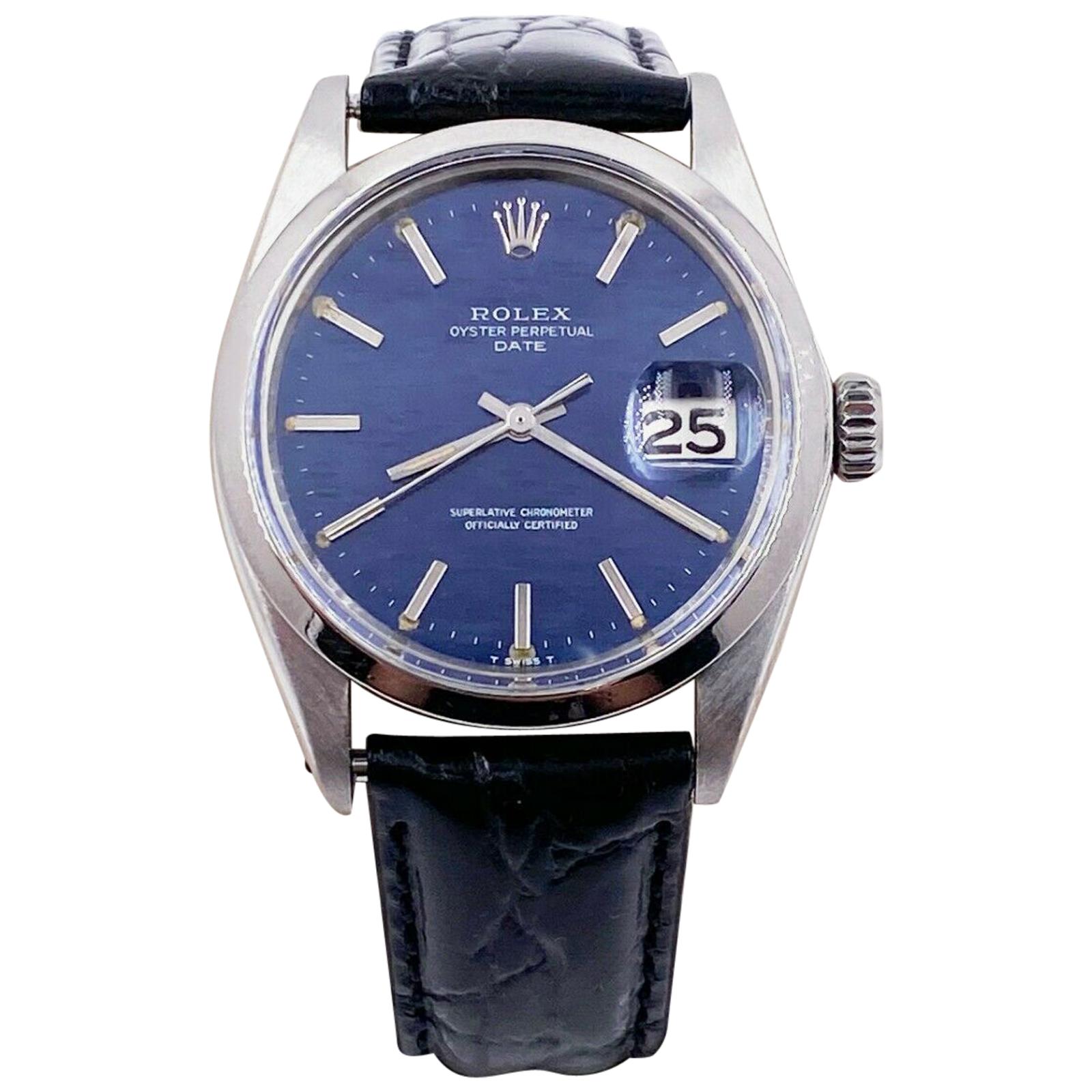 Rolex Date 1500 Blue Mosaic Dial Stainless Custom Black Leather Band