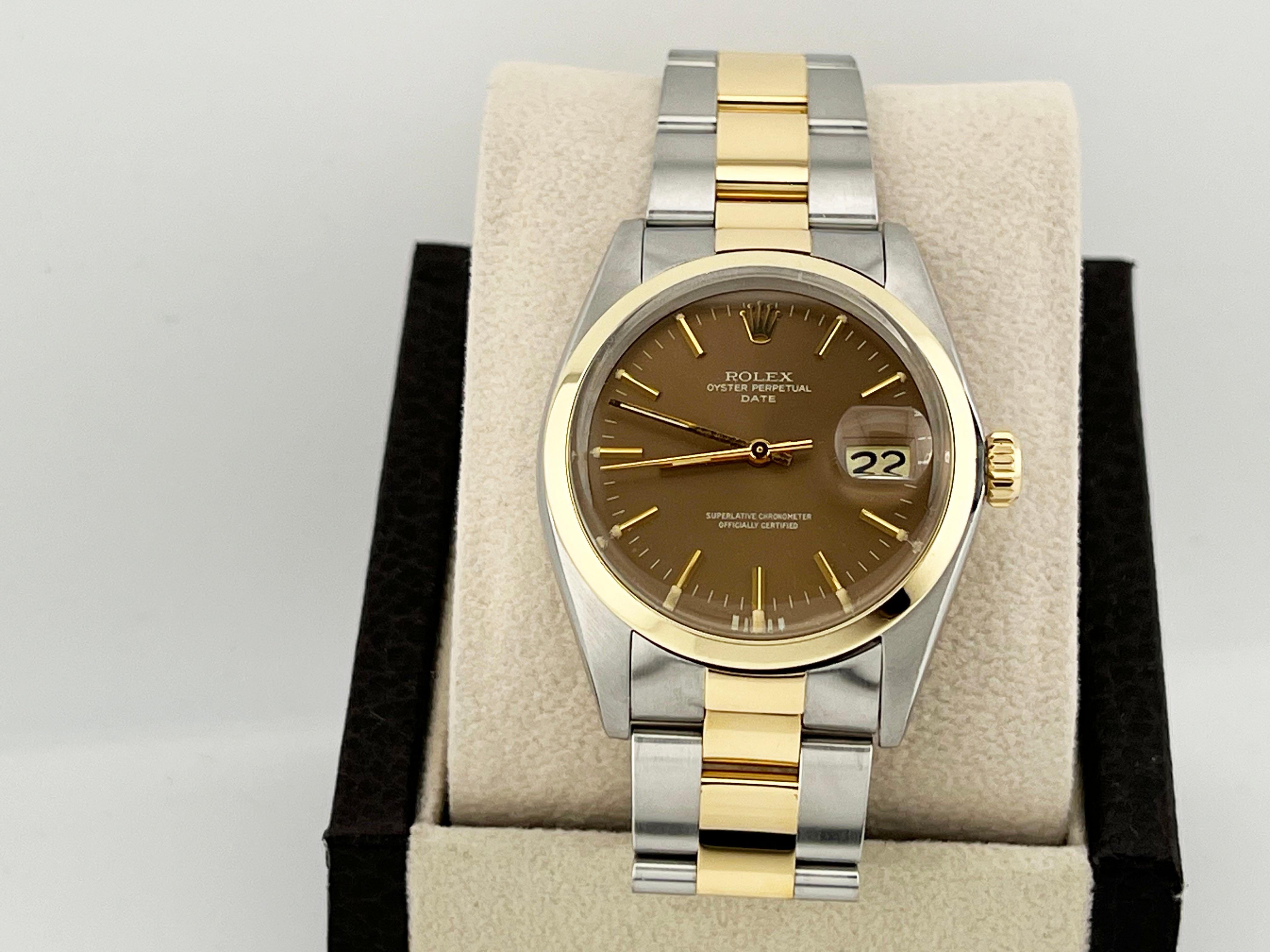 Rolex Date 1500 Braunes Zifferblatt 18K Gelbgold Edelstahl 34mm im Zustand „Hervorragend“ in San Diego, CA