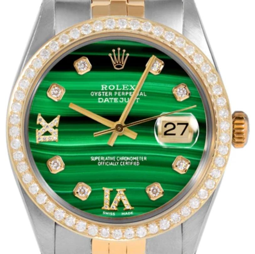 (Watch Description)
Brand - Rolex
Gender - Unisex
Model - 5500 Datejust 
Metals - Stainless steel / Yellow Gold 
Case size - 34mm
Bezel -Yellow Gold diamond
Crystal - Sapphire
Movement - Automatic caliber 1570
Dial - Green malachite diamond roman
