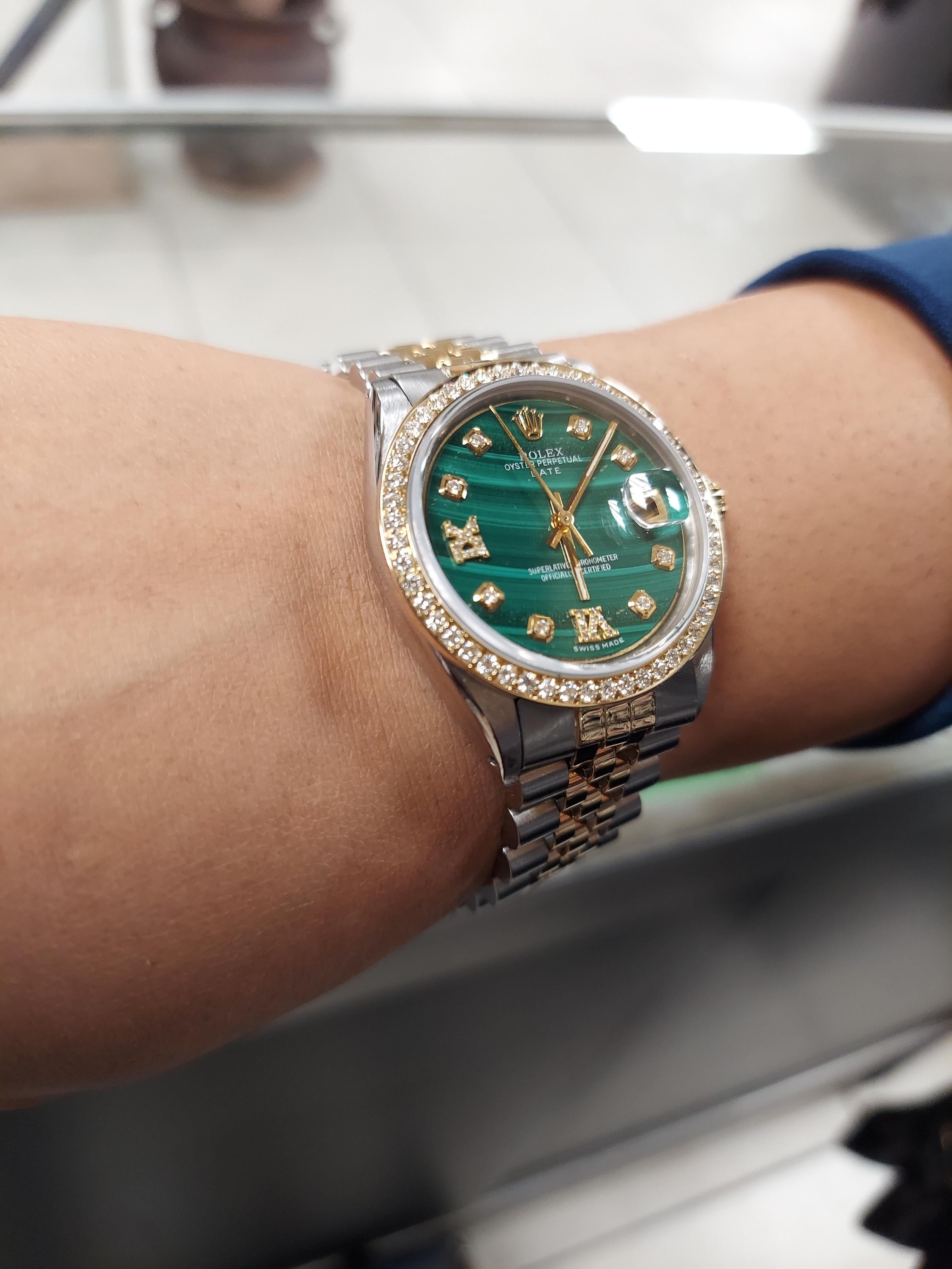 Modern Rolex Date 1500 Malachite Diamond Roman