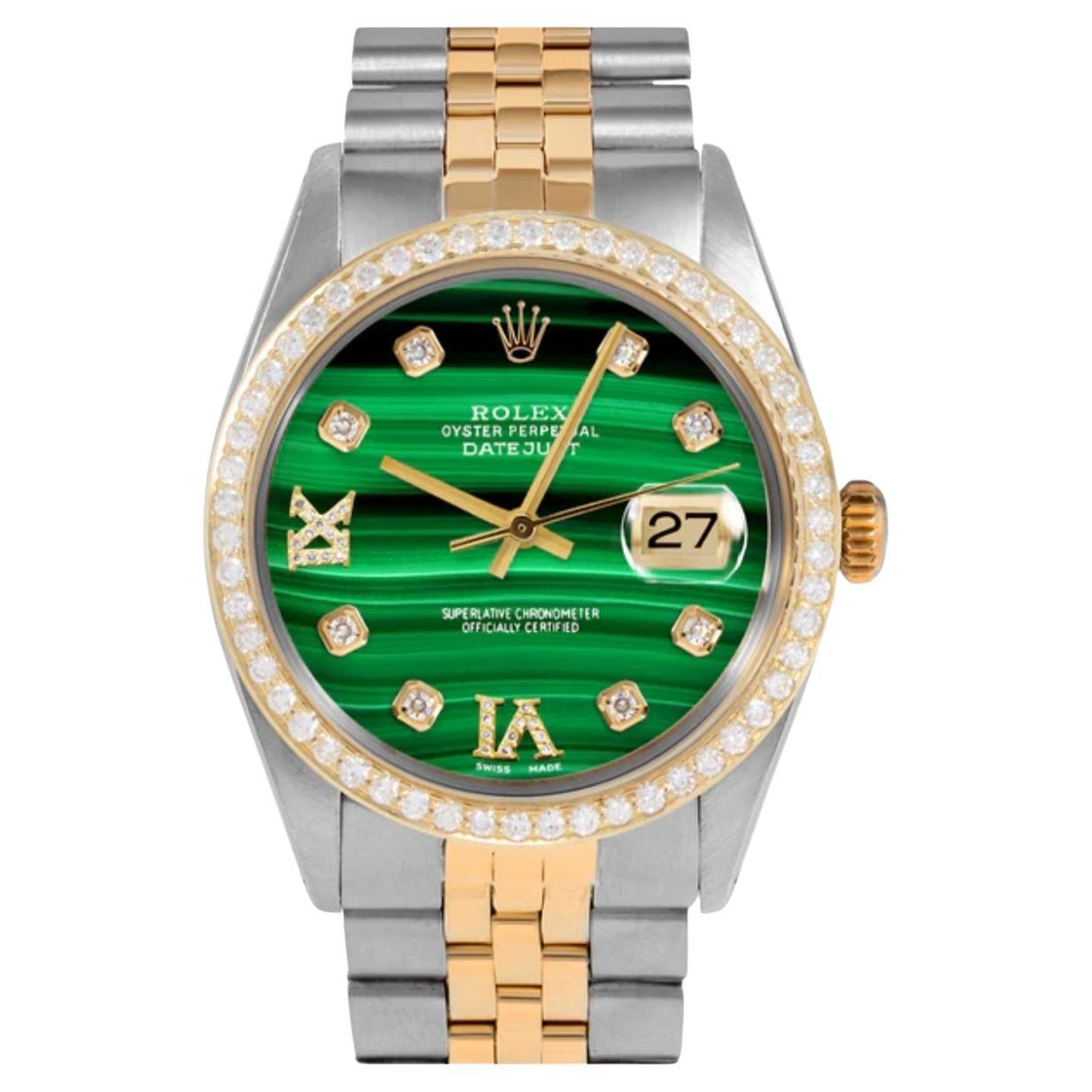 Rolex Unisex Date 1500 Two-Tone 34mm Malachite Diamond Roman jubilee