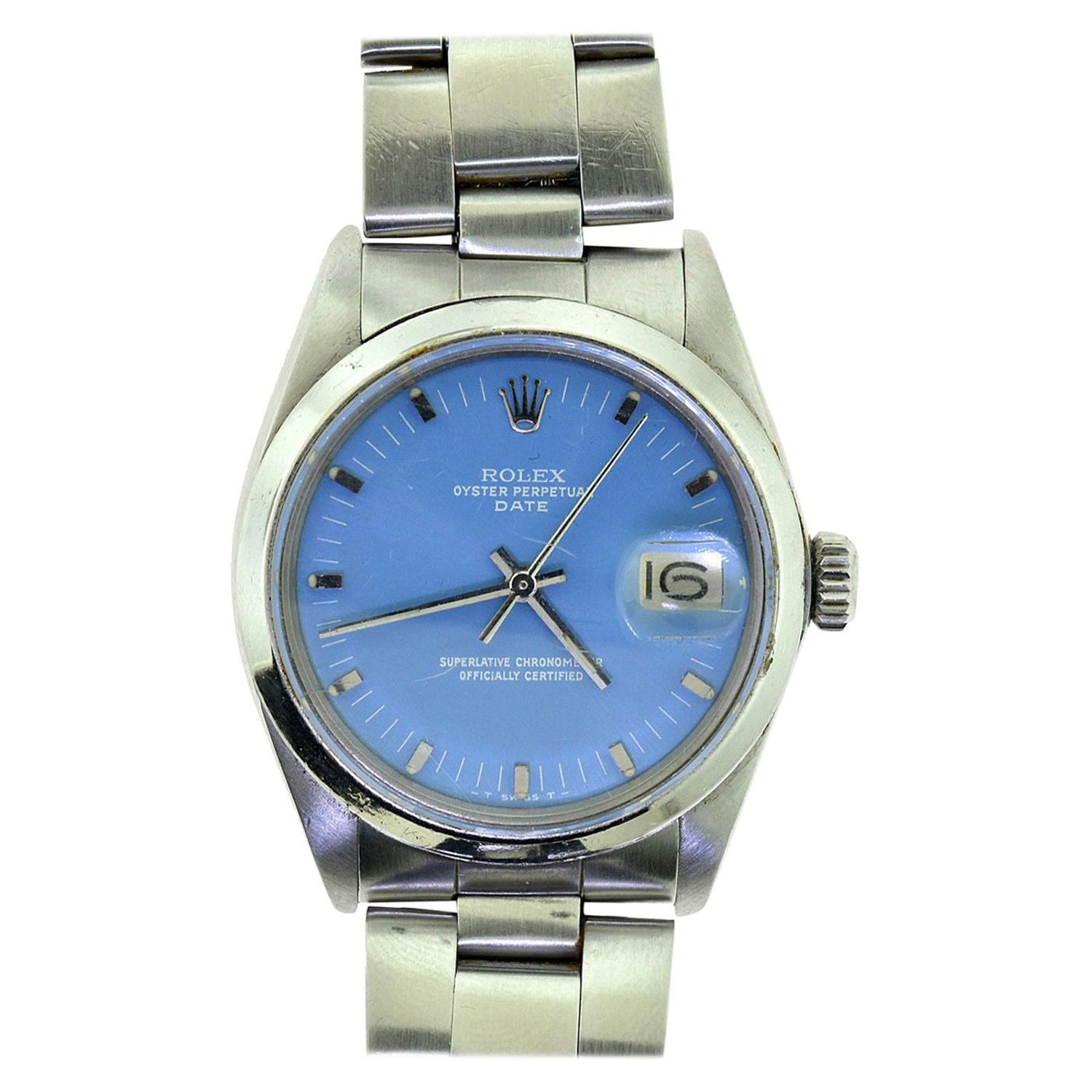 Rolex Date 1500 Steel Custom Color Light Blue Dial Wristwatch 'W-131' at  1stDibs | light blue rolex, rolex light blue, rolex light blue dial