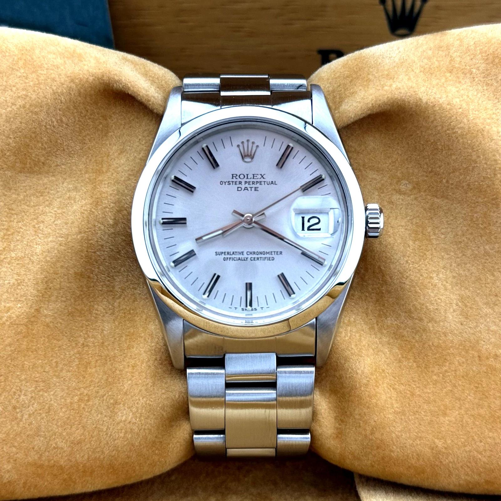 Rolex Date 15000 34mm Stainless Steel Silver Dial Service Card For Sale 10