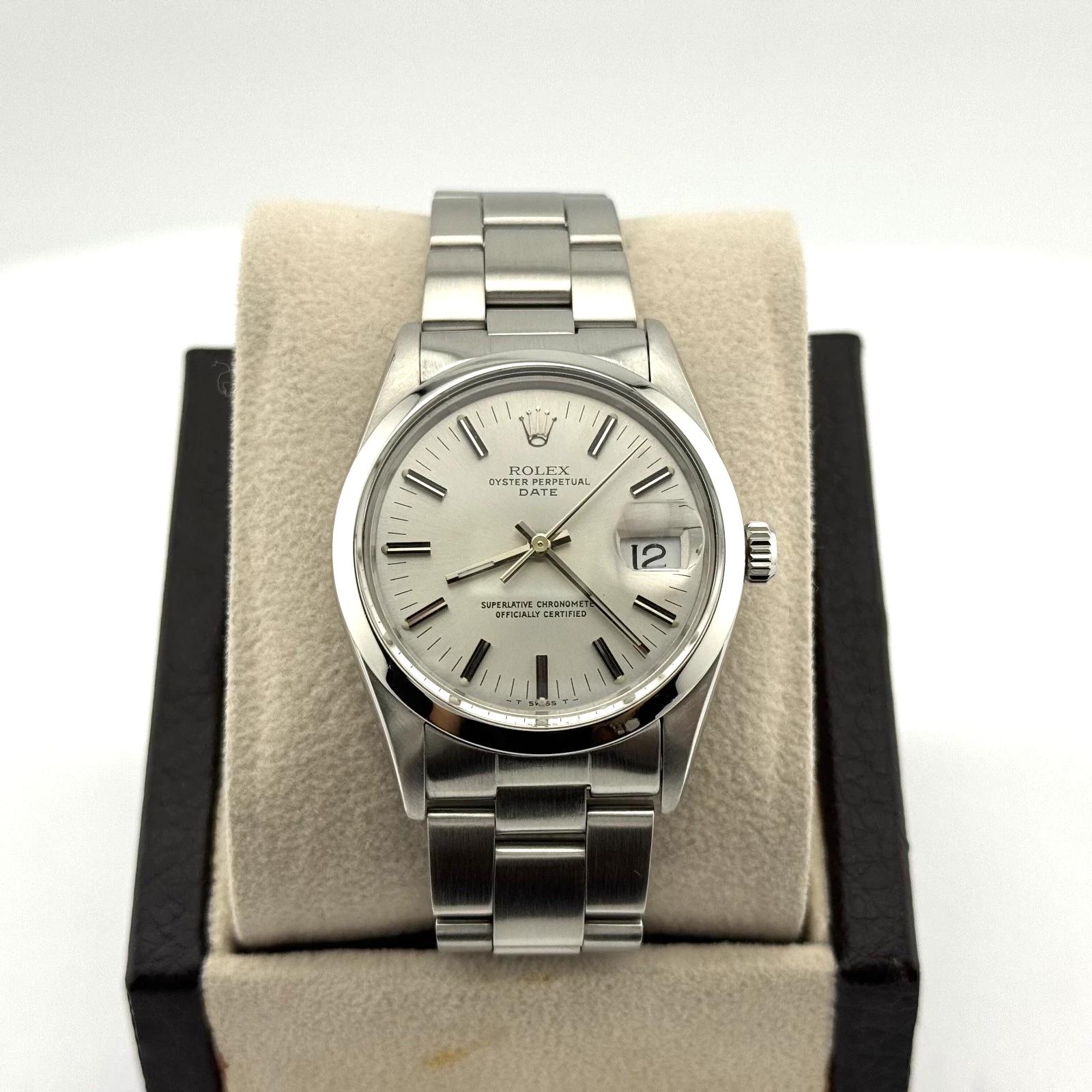 Men's Rolex Date 15000 34mm Stainless Steel Silver Dial Service Card For Sale