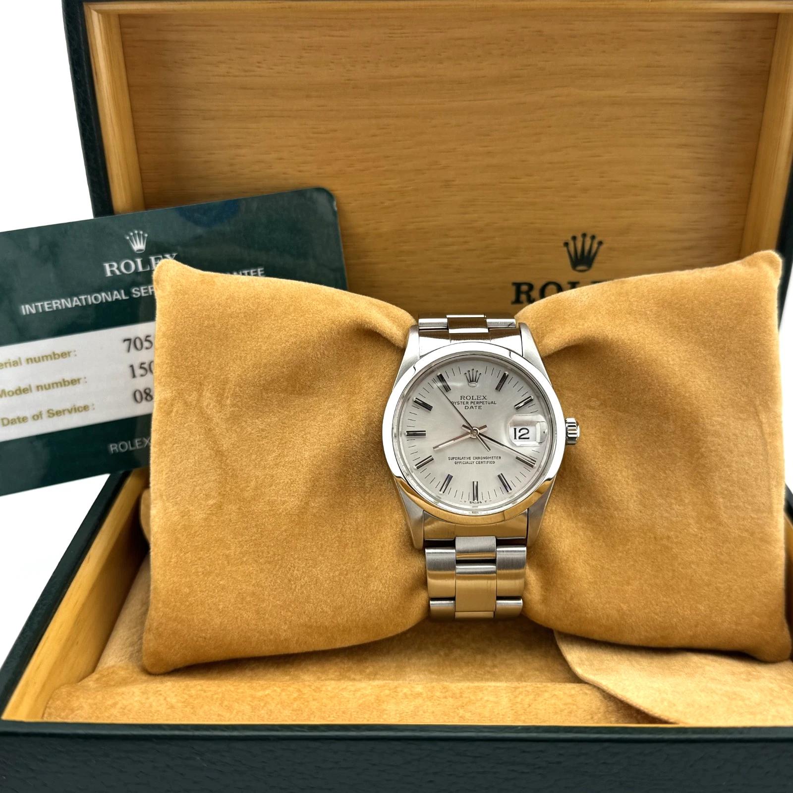 Rolex Date 15000 34mm Stainless Steel Silver Dial Service Card For Sale 4