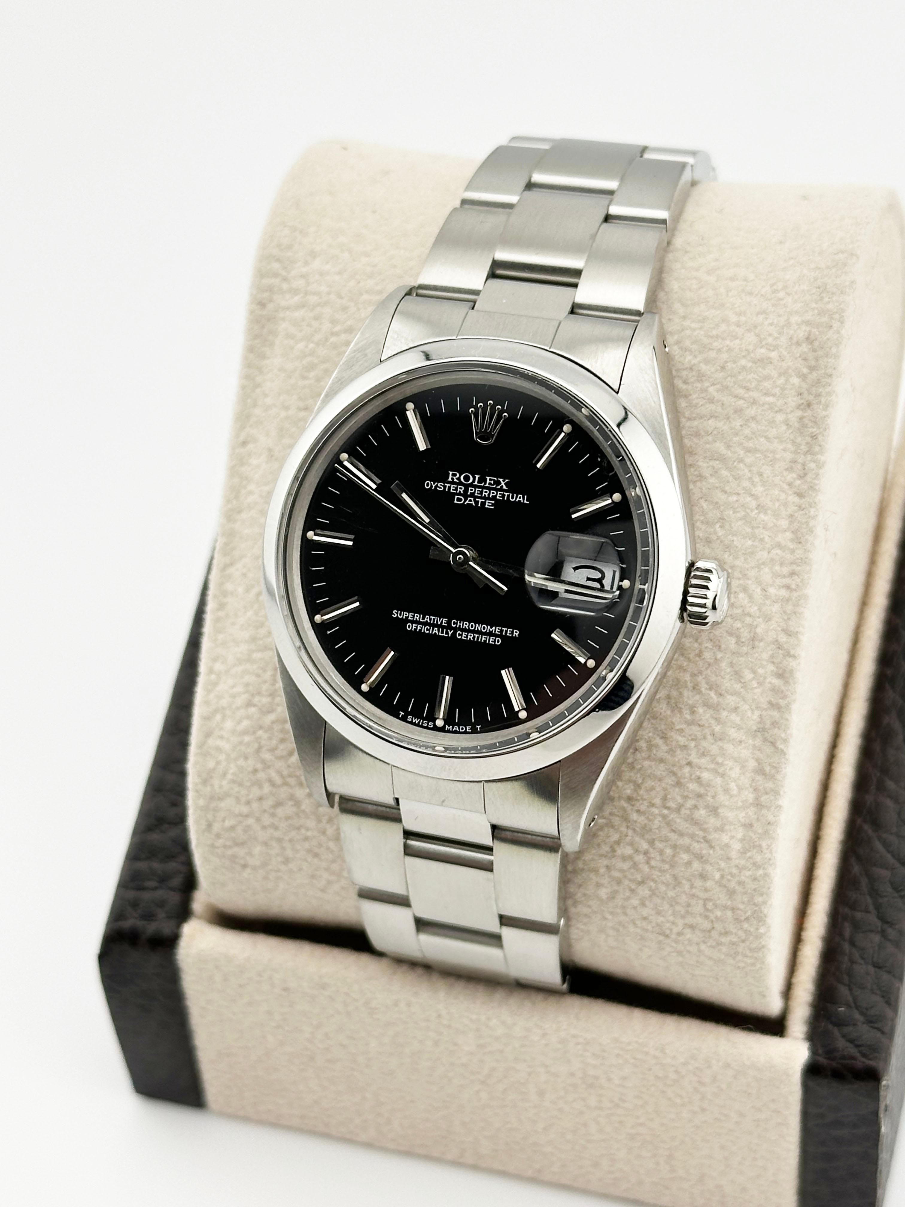 Rolex Date 15000 Black Dial Stainless Steel In Excellent Condition For Sale In San Diego, CA