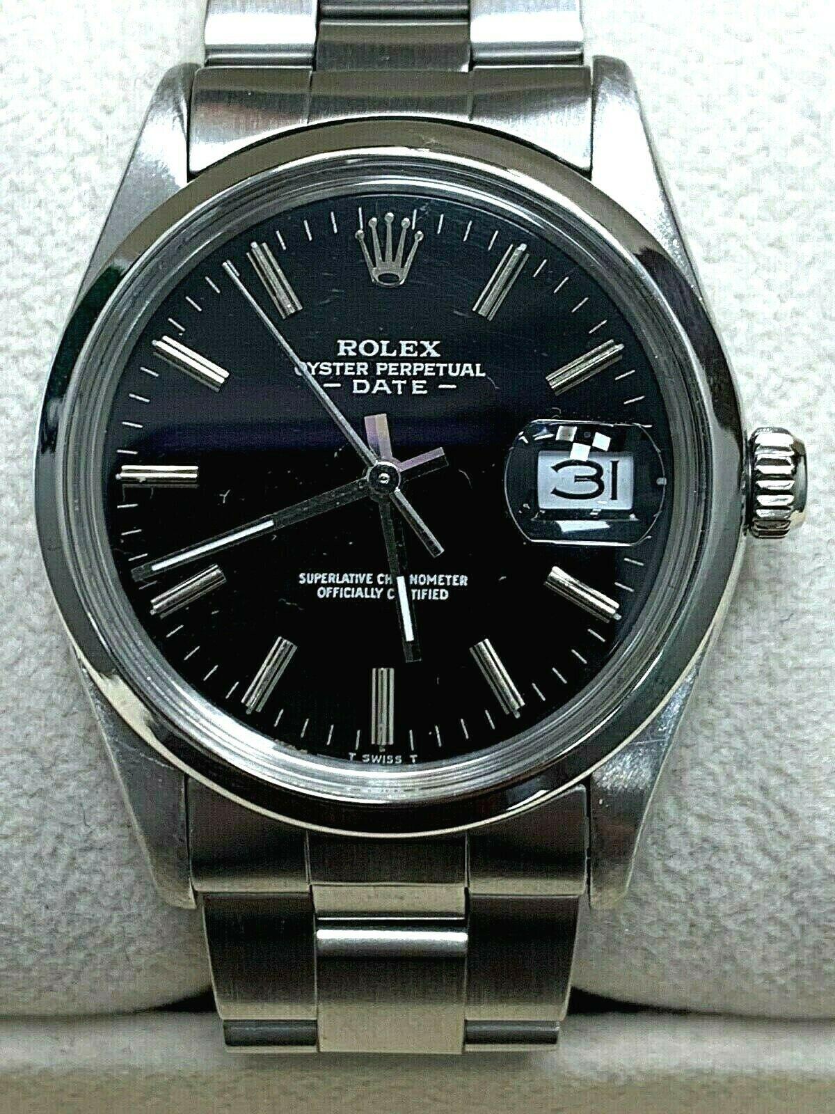 Rolex Date 15000 Black Dial Stainless Steel Mint Band In Excellent Condition In San Diego, CA