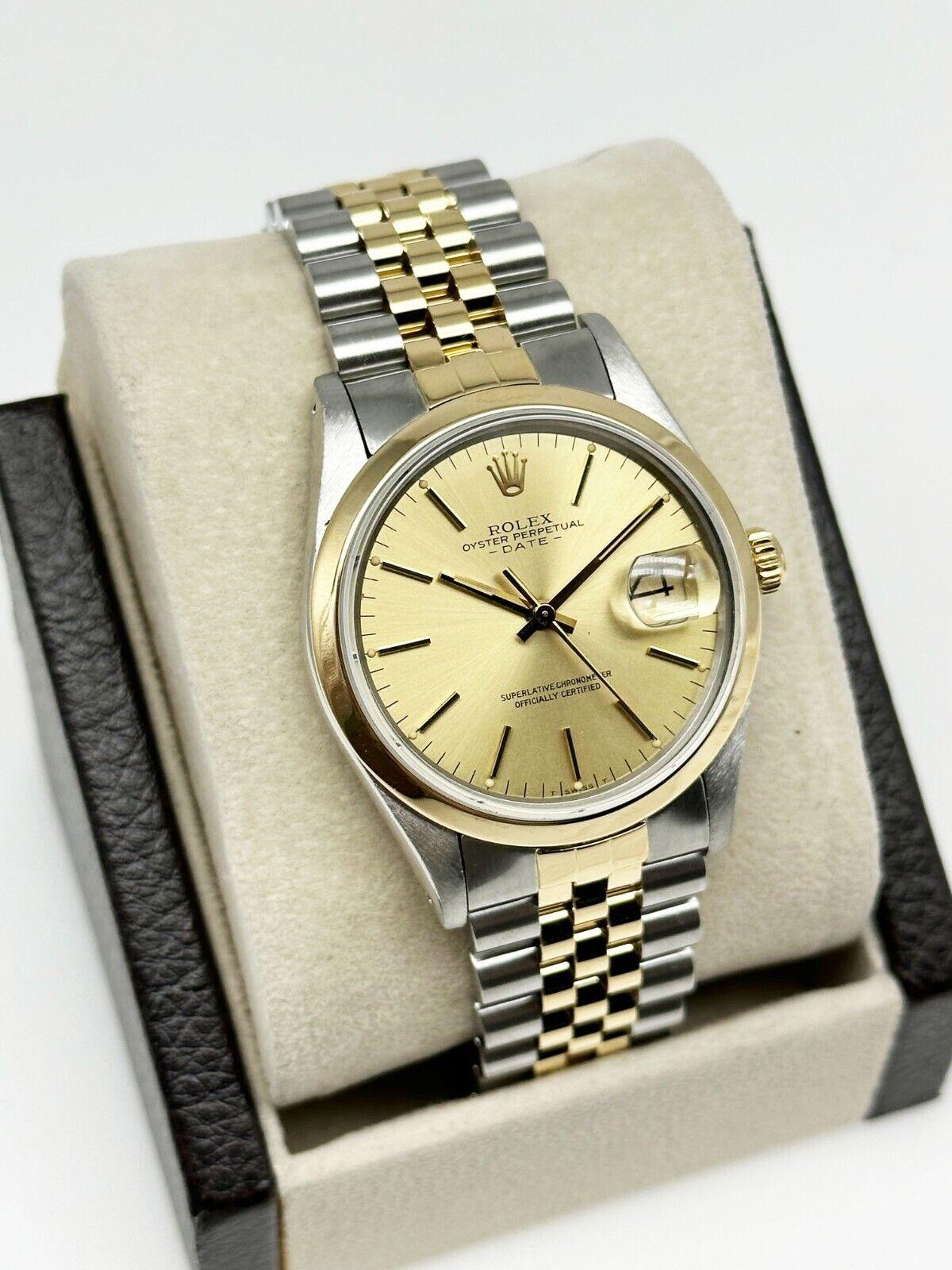 Style Number: 15003

Serial: 7422***

Year: 1983

Model: Date

Case Material: Stainless Steel

Band: 18K Yellow Gold and Stainless Steel

Bezel: 18K Yellow Gold

Dial: Champagne

Face: Sapphire Crystal

Case Size: 34mm

Includes: 

-Elegant Watch