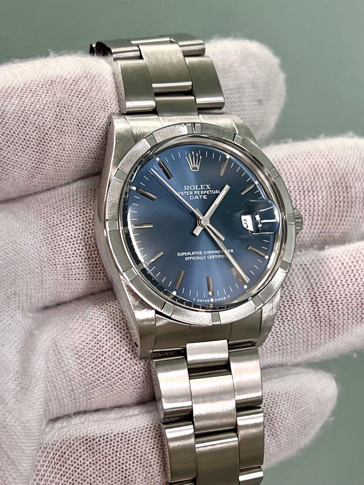 Rolex Date 15010 34mm Blue Dial Stainless Steel Engine-Turned Bezel Box Paper For Sale 3