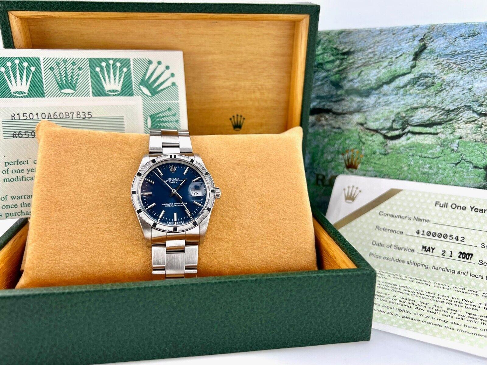 Rolex Date 15010 34mm Blue Dial Stainless Steel Engine-Turned Bezel Box Paper For Sale 5