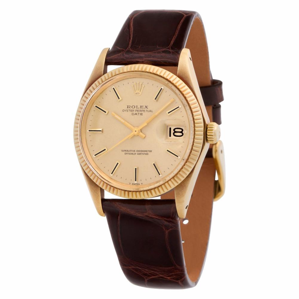 Rolex Date in 18k on brown alligator strap. Auto w/ sweep seconds and date. 34 mm case size. Ref 1503. Circa 1967 Fine Pre-owned Rolex Watch. Certified preowned Dress Rolex Date 1503 watch is made out of yellow gold on a Brown Alligator strap with a