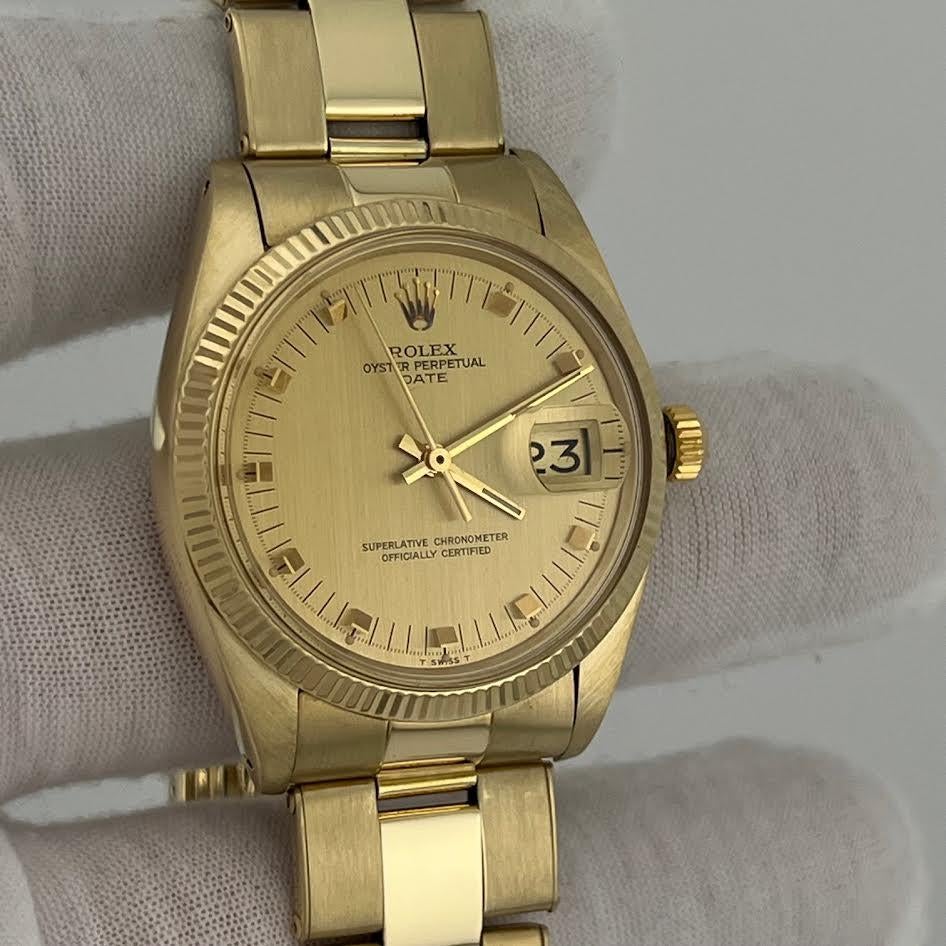 Rolex Date 1503 34mm Champán Oro Clavija Esfera 14k Oro Amarillo Caja en venta 6