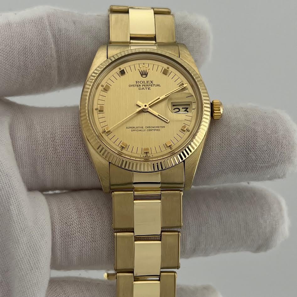 Rolex Date 1503 34mm Champán Oro Clavija Esfera 14k Oro Amarillo Caja en venta 7