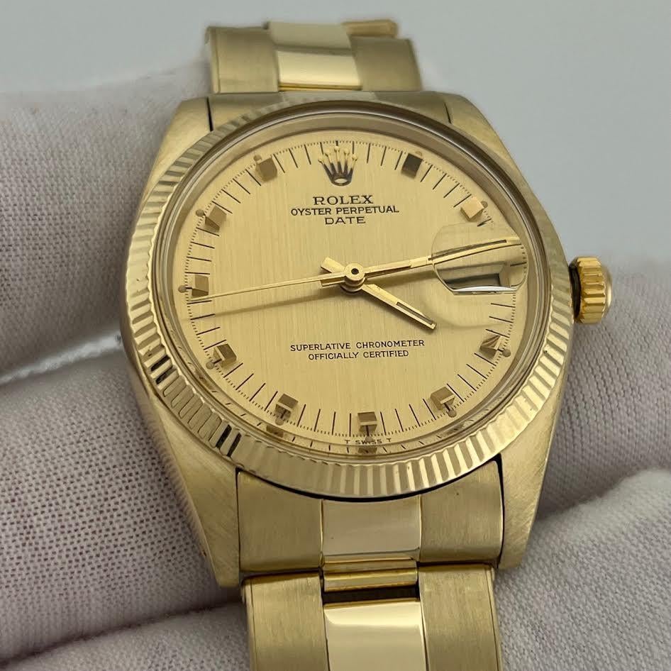 Rolex Date 1503 34mm Champán Oro Clavija Esfera 14k Oro Amarillo Caja en Bueno estado para la venta en San Diego, CA