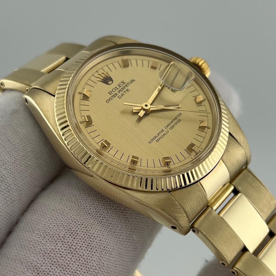 Femenino o masculino Rolex Date 1503 34mm Champán Oro Clavija Esfera 14k Oro Amarillo Caja en venta