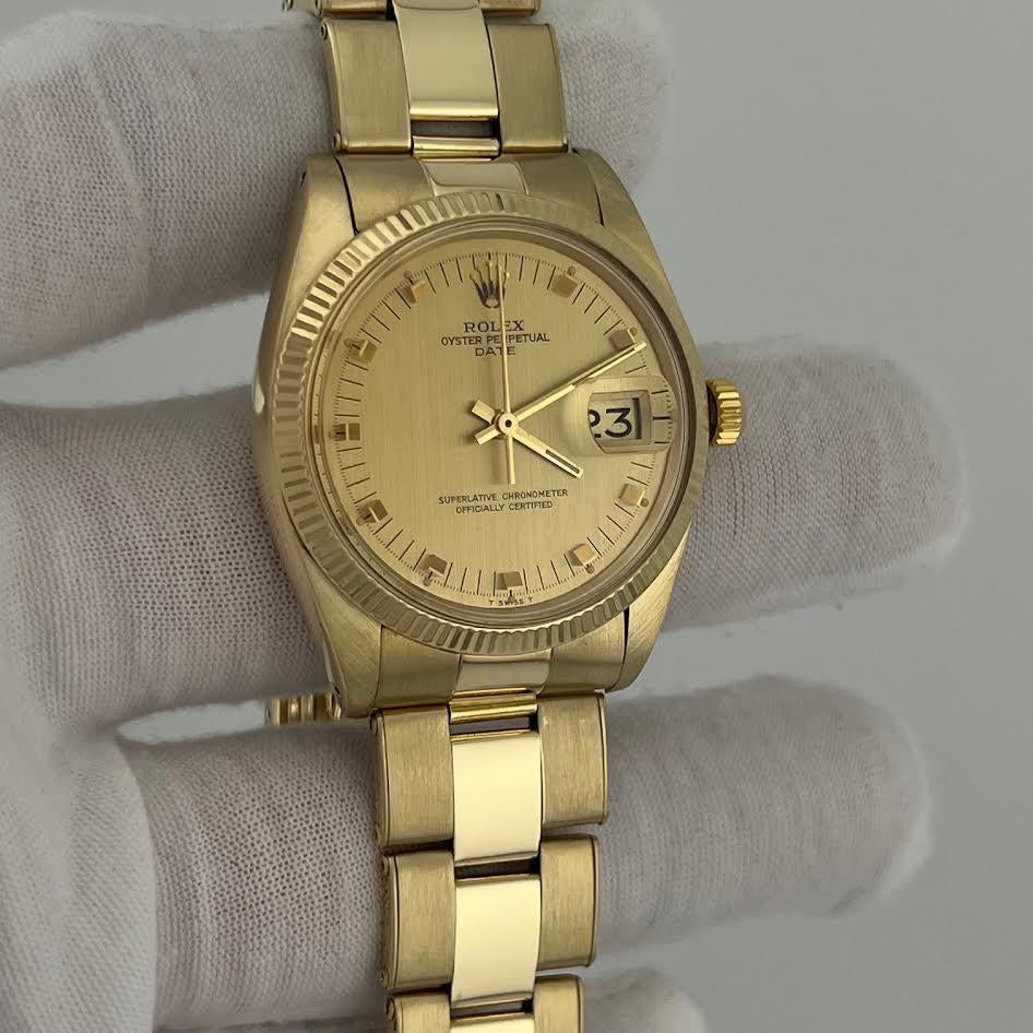 Rolex Date 1503 34mm Champán Oro Clavija Esfera 14k Oro Amarillo Caja en venta 5