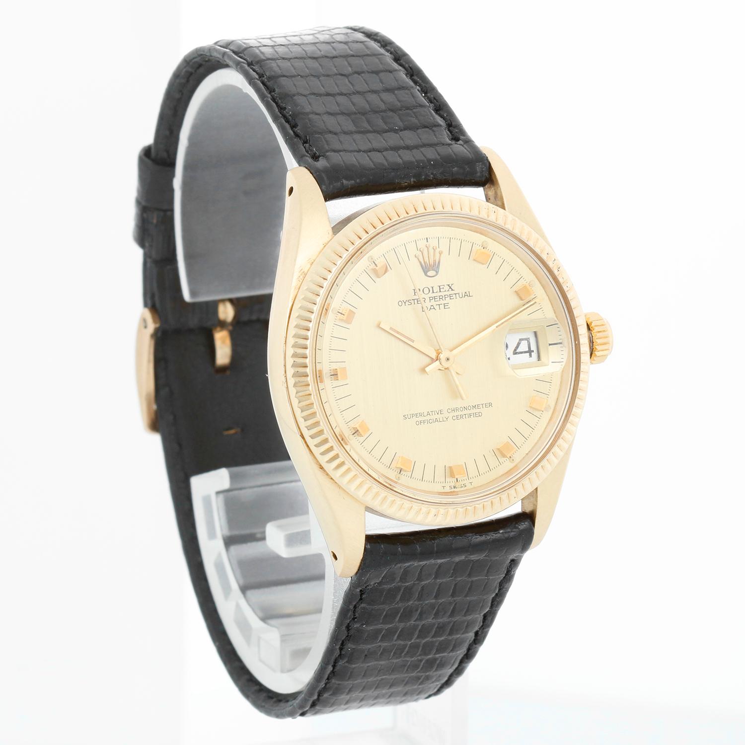 Rolex Date 1503 Men's Yellow Gold Sigma Dial Watch - Automatic winding, acrylic crystal. Yellow gold case with fluted bezel ( 34 mm diameter). Champagne Sigma dial. Genuine Rolex black strap with Rolex tang buckle. Pre-owned with Rolex box. Circa