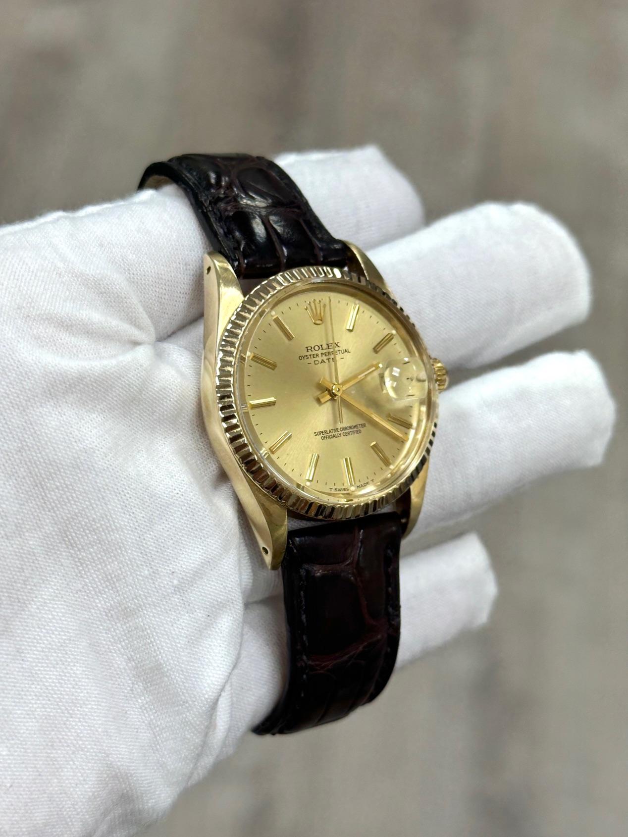 Rolex Date 15037 quadrante champagne cinturino in pelle in oro giallo 14 carati in vendita 2
