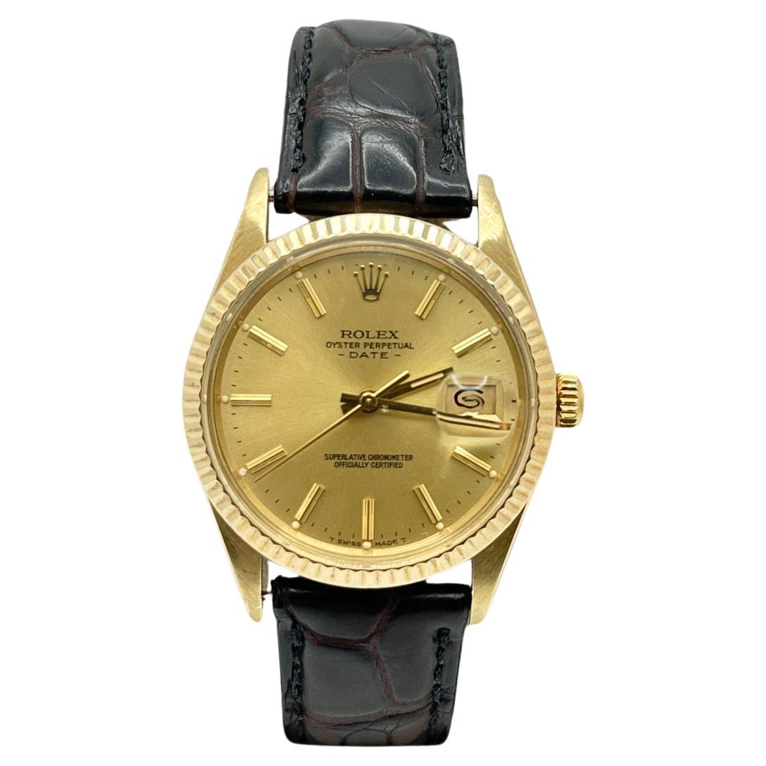 Rolex Date 15037 quadrante champagne cinturino in pelle in oro giallo 14 carati in vendita