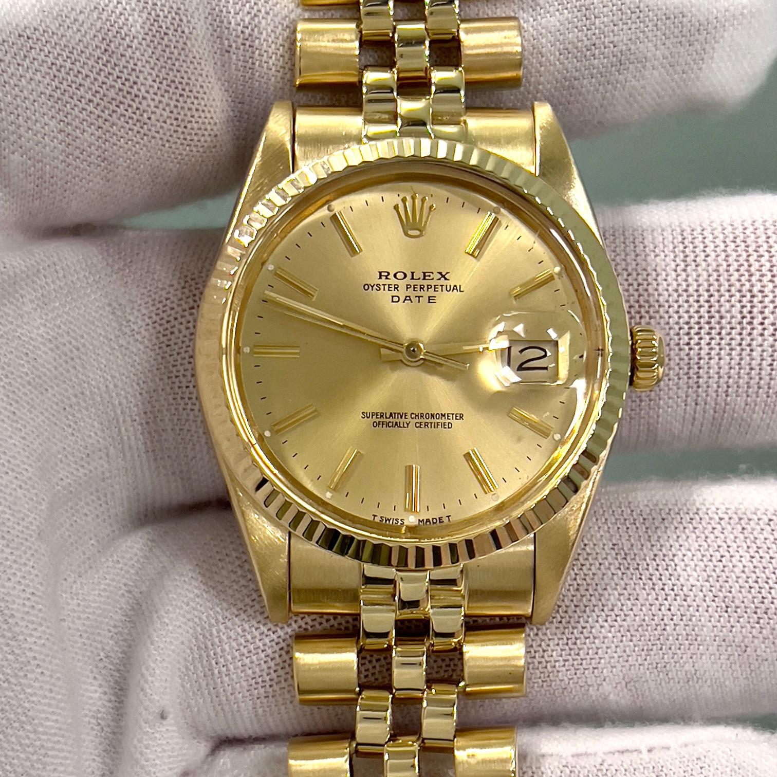Rolex Date 15037 Champagne Dial Jubilee Band 14K Yellow Gold 34mm Box Paper en venta 6