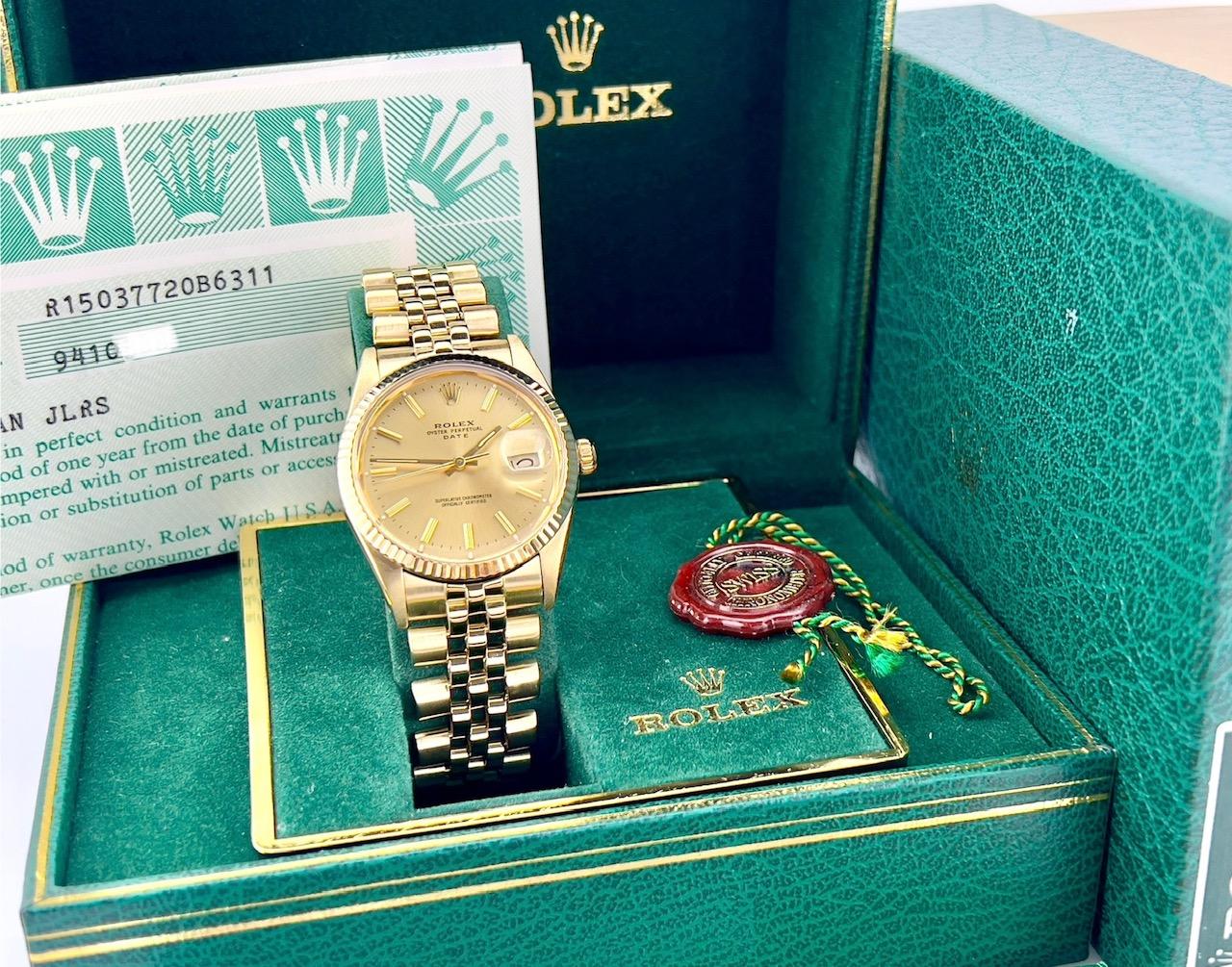 Style Number: 15037

Serial: 9410***

Year: 1987

Model: Rolex Date

Case Material: 14K Yellow Gold 

Band: 14K Yellow Gold Jubilee Band 

Bezel: 14K Yellow Gold Fluted Bezel 

Dial: Champagne Dial 

Face: Acrylic Crystal 

Case Size: 34mm