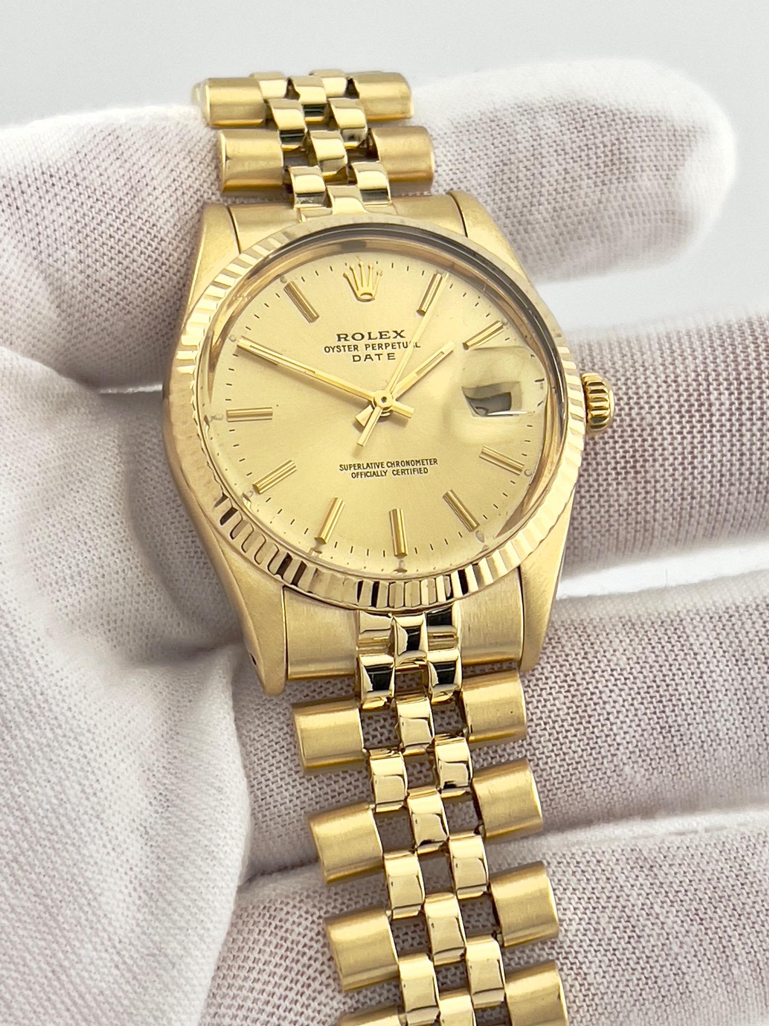Rolex Date 15037 Champagne Dial Jubilee Band 14K Yellow Gold 34mm Box Paper en Excelente estado para la venta en San Diego, CA