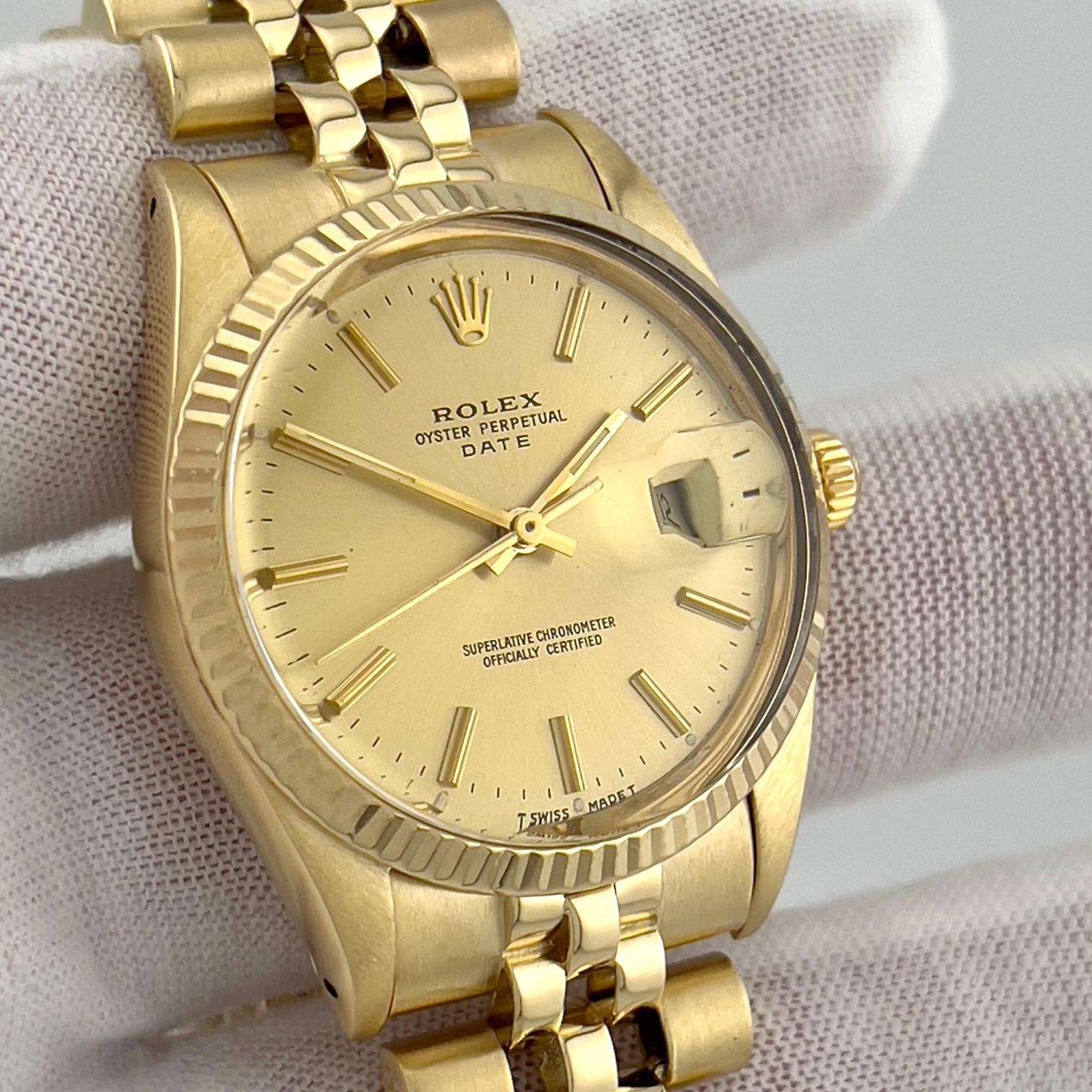 De los hombres Rolex Date 15037 Champagne Dial Jubilee Band 14K Yellow Gold 34mm Box Paper en venta
