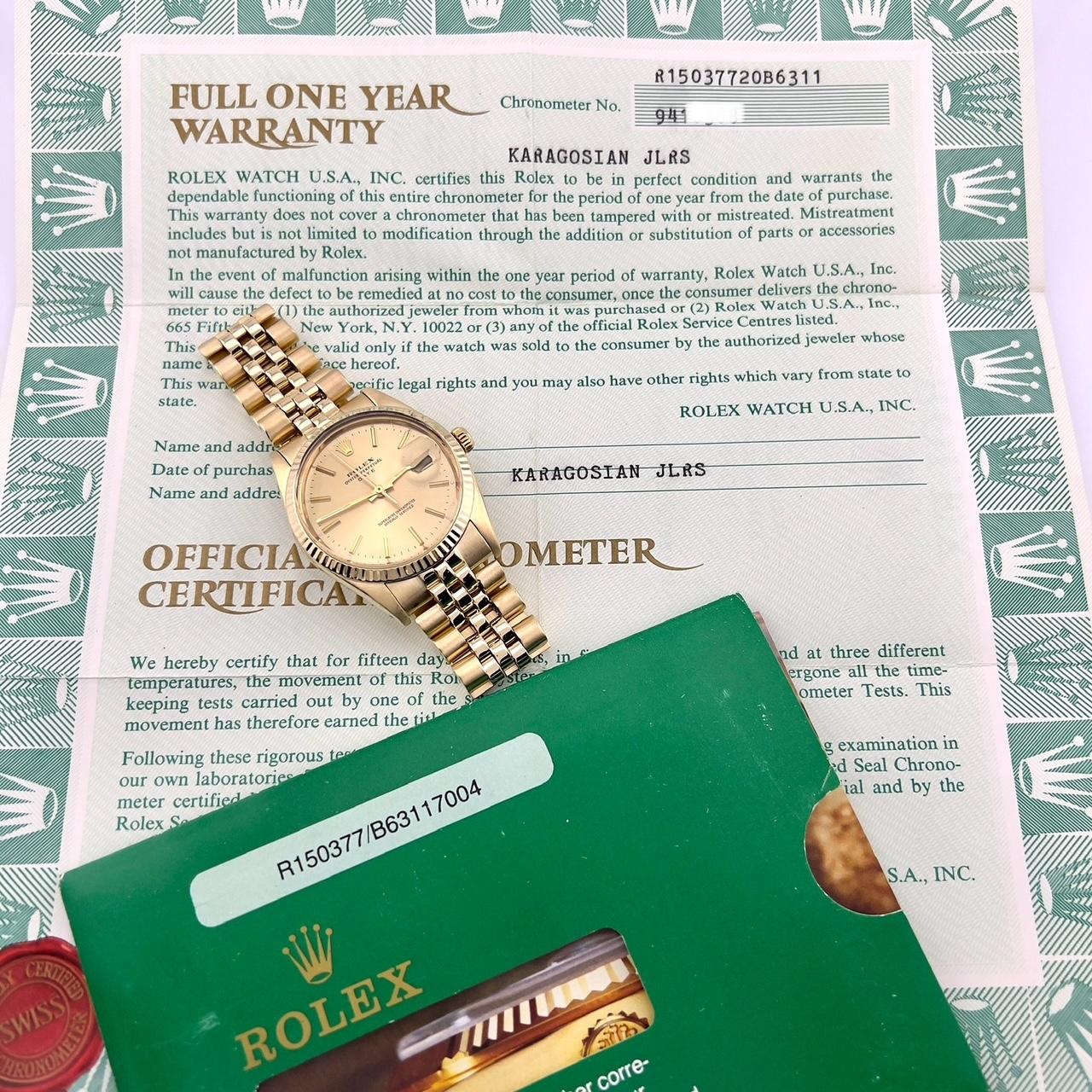 Rolex Date 15037 Champagne Dial Jubilee Band 14K Yellow Gold 34mm Box Paper en venta 4